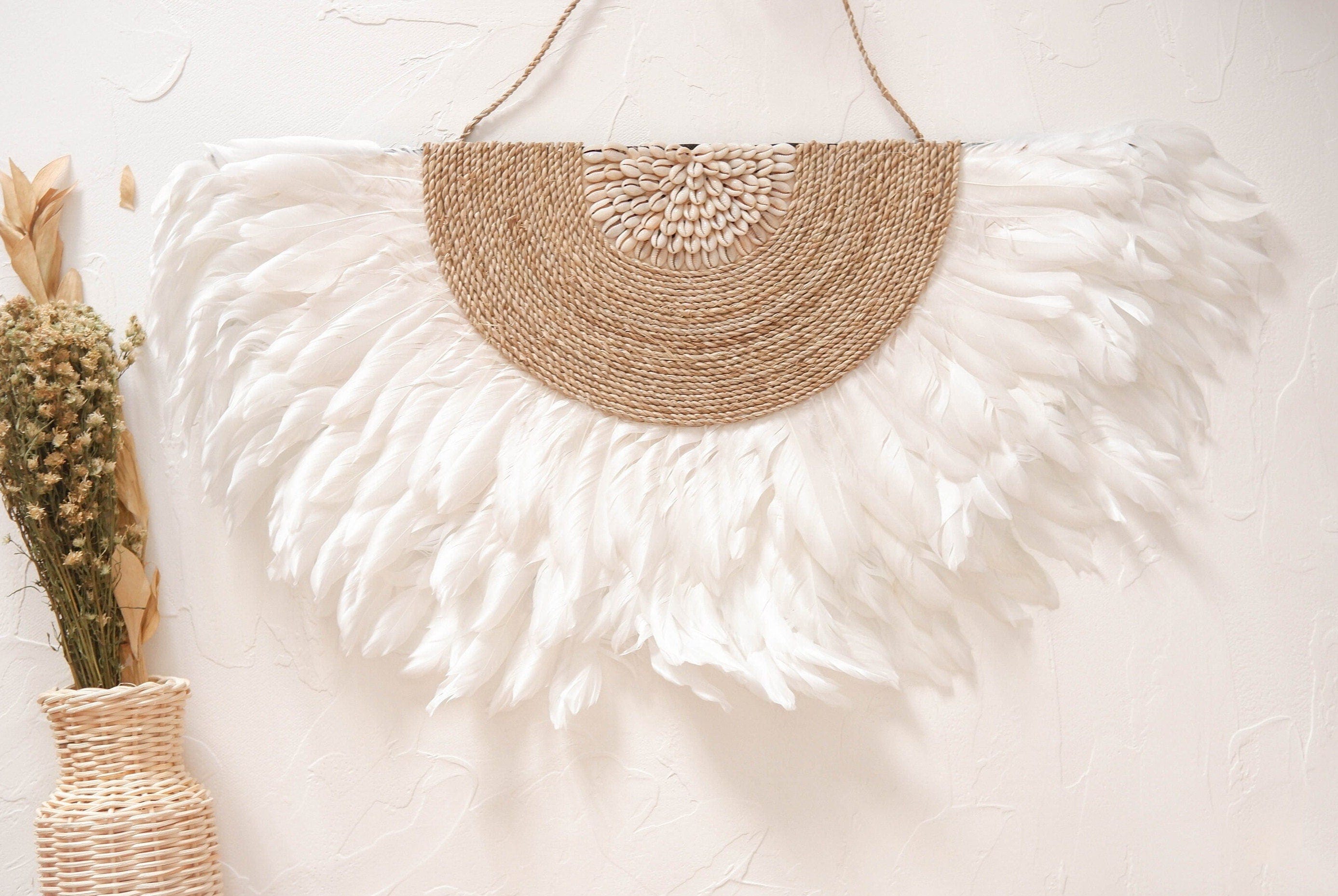 Boho White Juju Hat Feather Wall Decor with Sea Shell – Perfect for Beachy Bedrooms and Nurseries