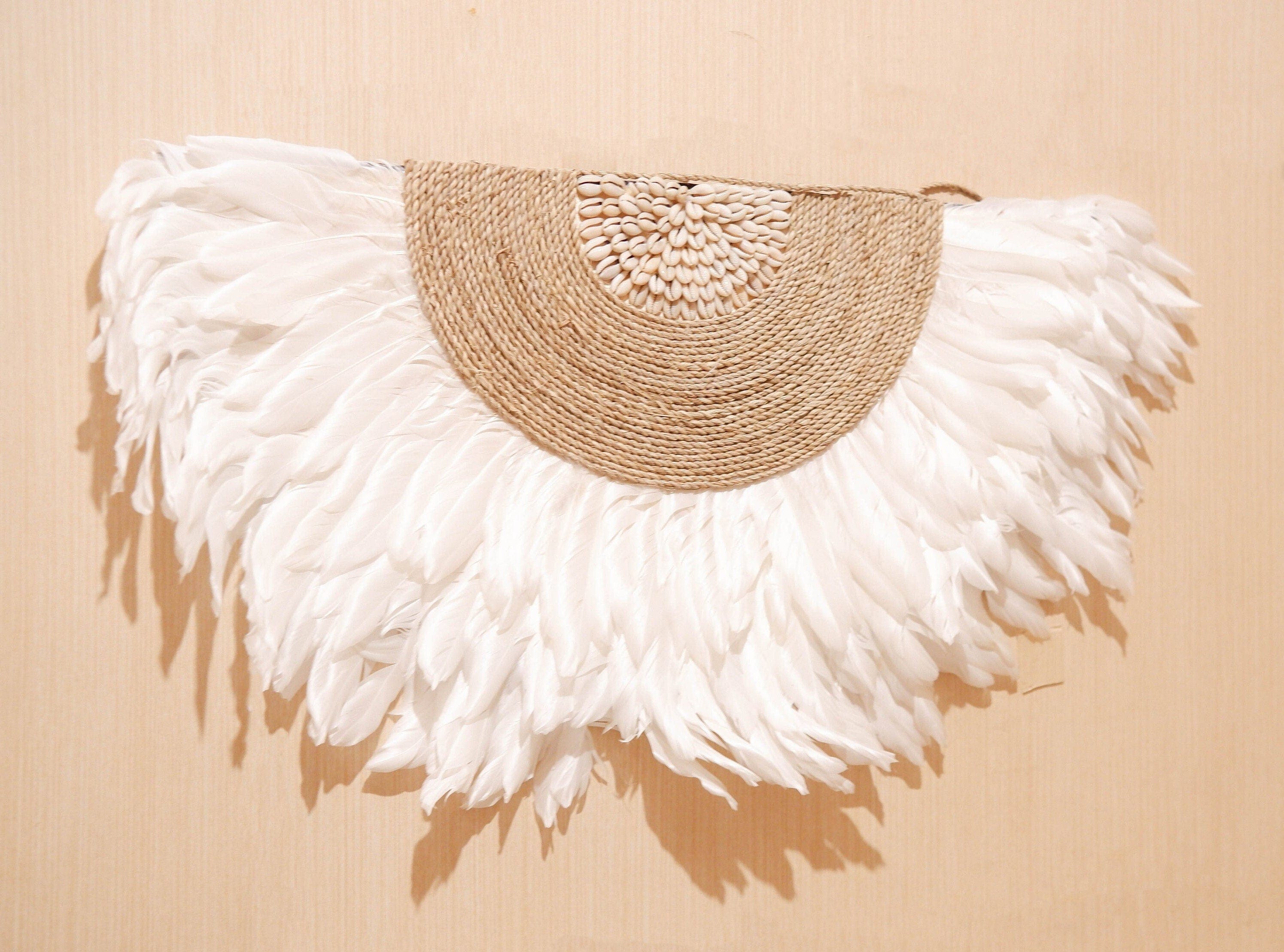 Boho White Juju Hat Feather Wall Decor with Sea Shell – Perfect for Beachy Bedrooms and Nurseries