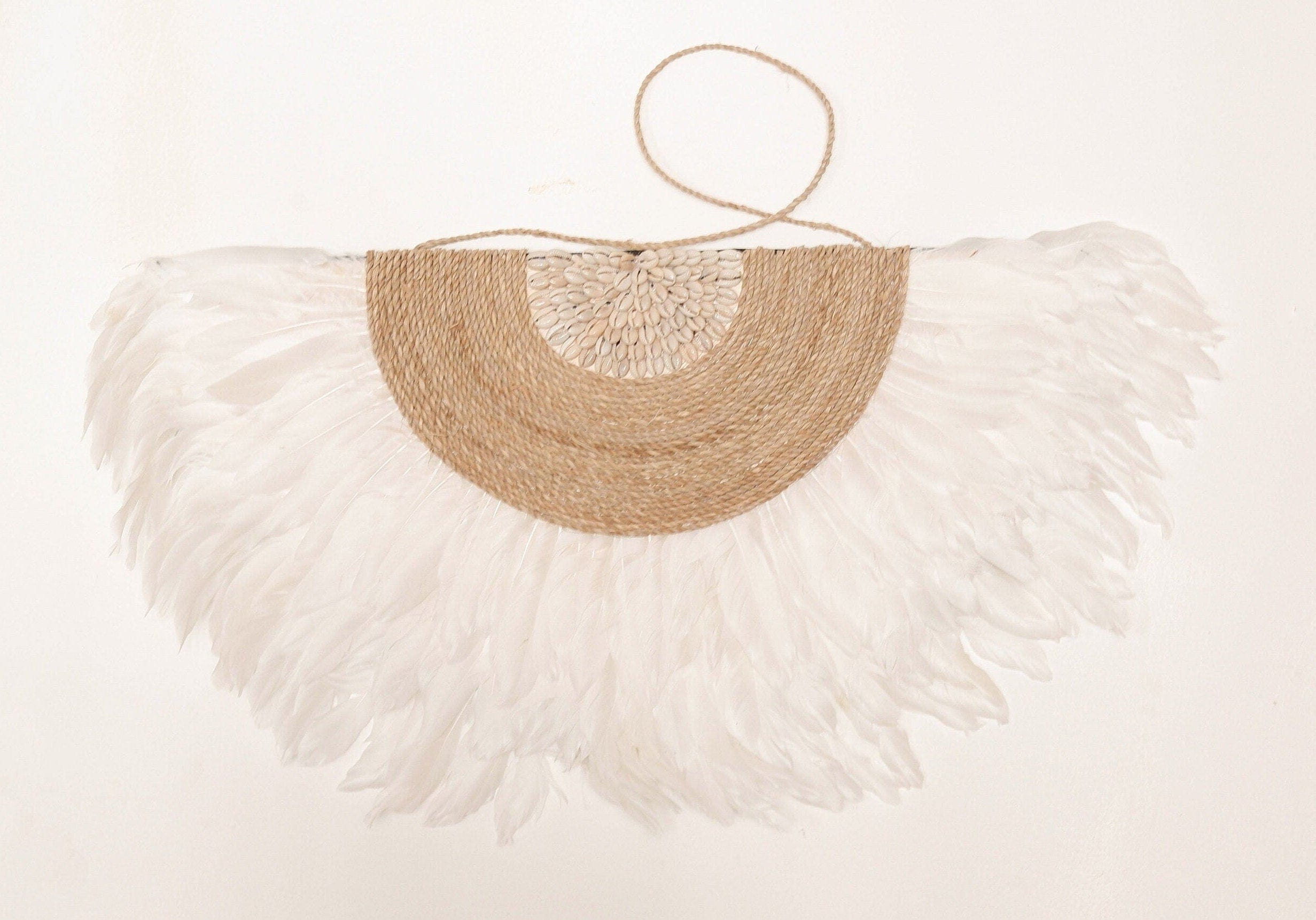 Boho White Juju Hat Feather Wall Decor with Sea Shell – Perfect for Beachy Bedrooms and Nurseries