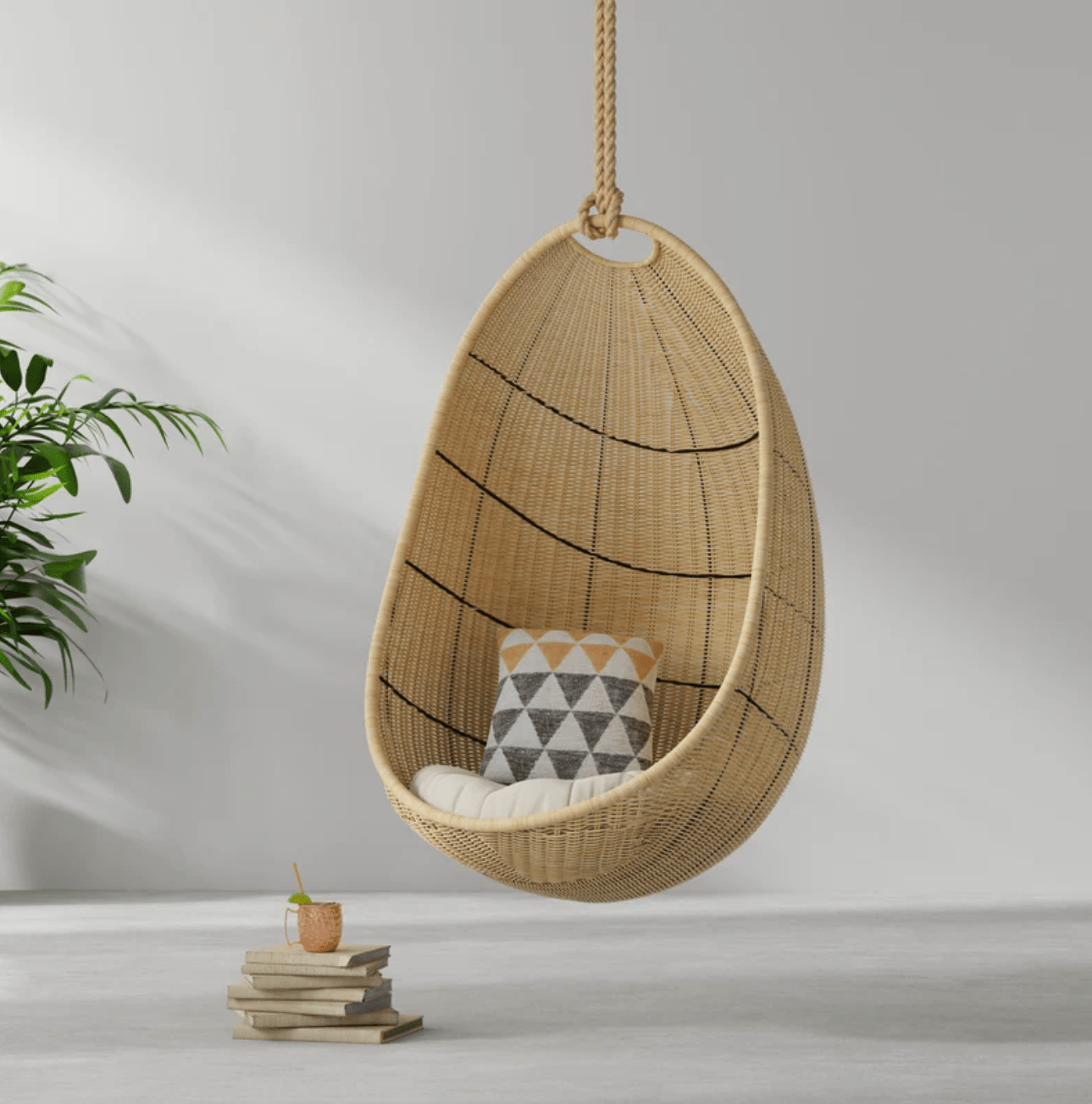 Brown Cocoon Wicker Seat Cushion Hanging Swing Chair - Natural Beauty and Cozy Comfort