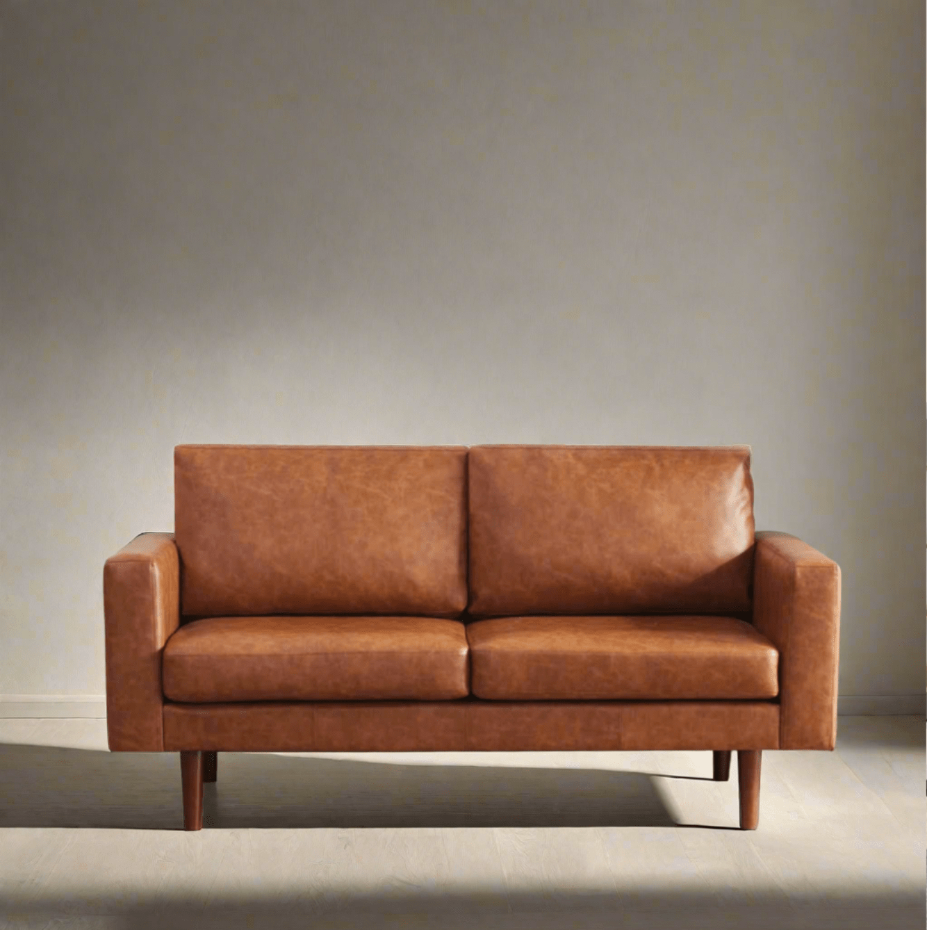 Brown Faux Leather Loveseat Sofa - Mid-Century Modern Design for Small Spaces