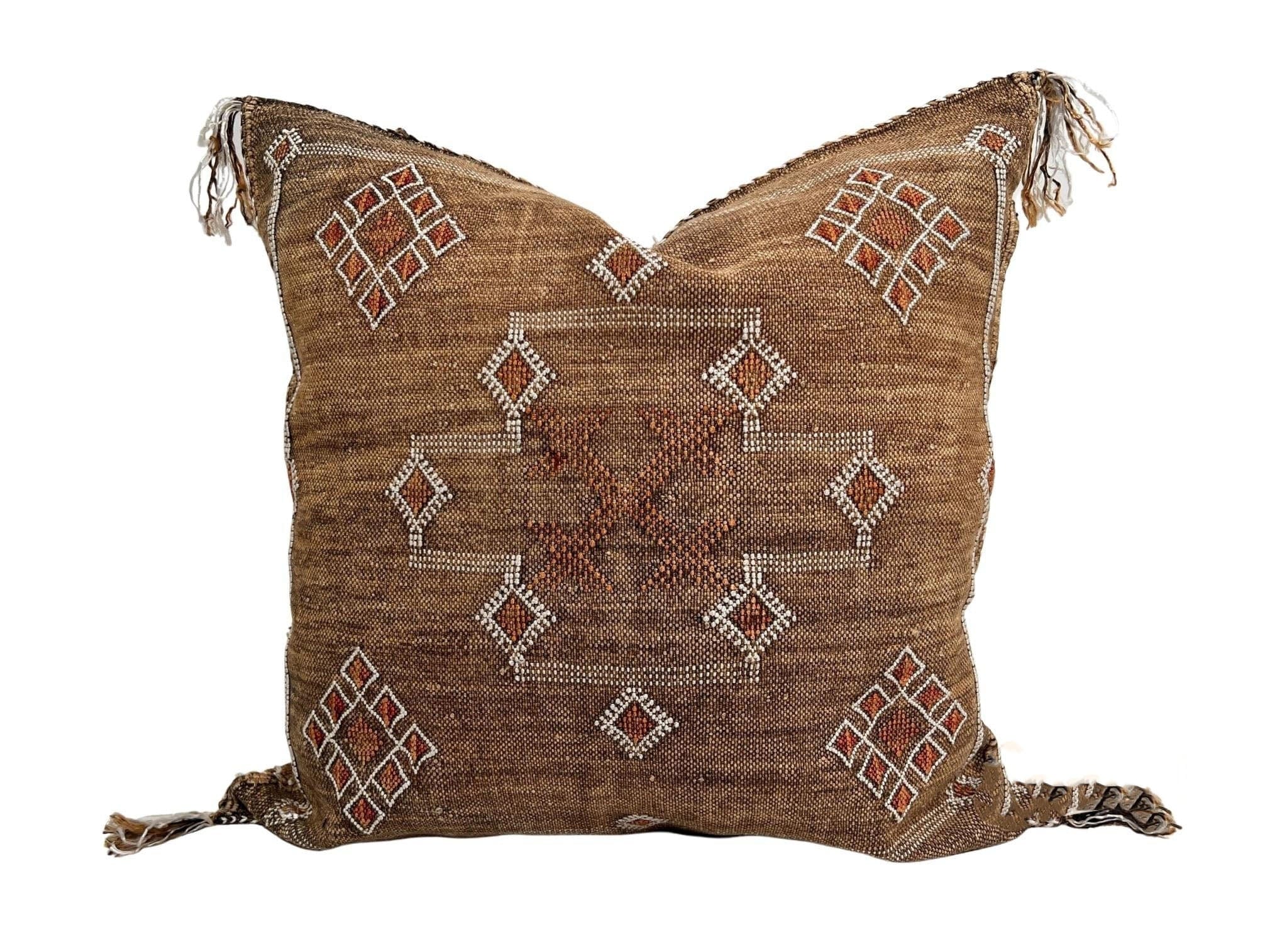 Camel Brown Moroccan Cactus Silk Pillow - Handmade by Local Artisans, Decorative Cushion, Natural Vegetable Dye, 20x20 inches (Unstuffed) 18 x 18 Inches