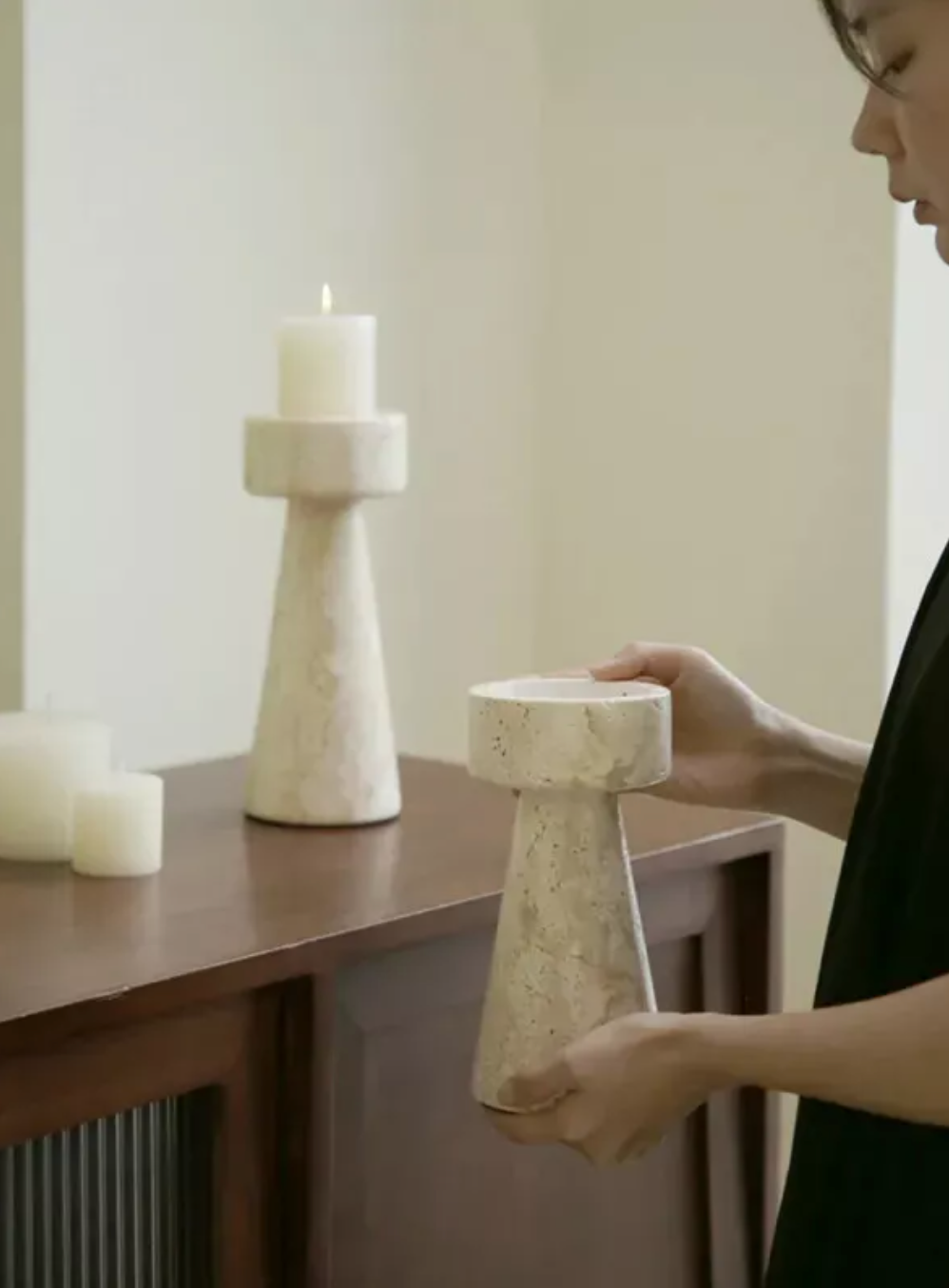 Minimalist Travertine Candle Holder – Natural Marble Taper Holder for Dining Table