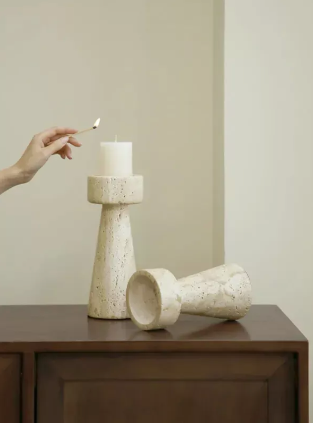 Minimalist Travertine Candle Holder – Natural Marble Taper Holder for Dining Table