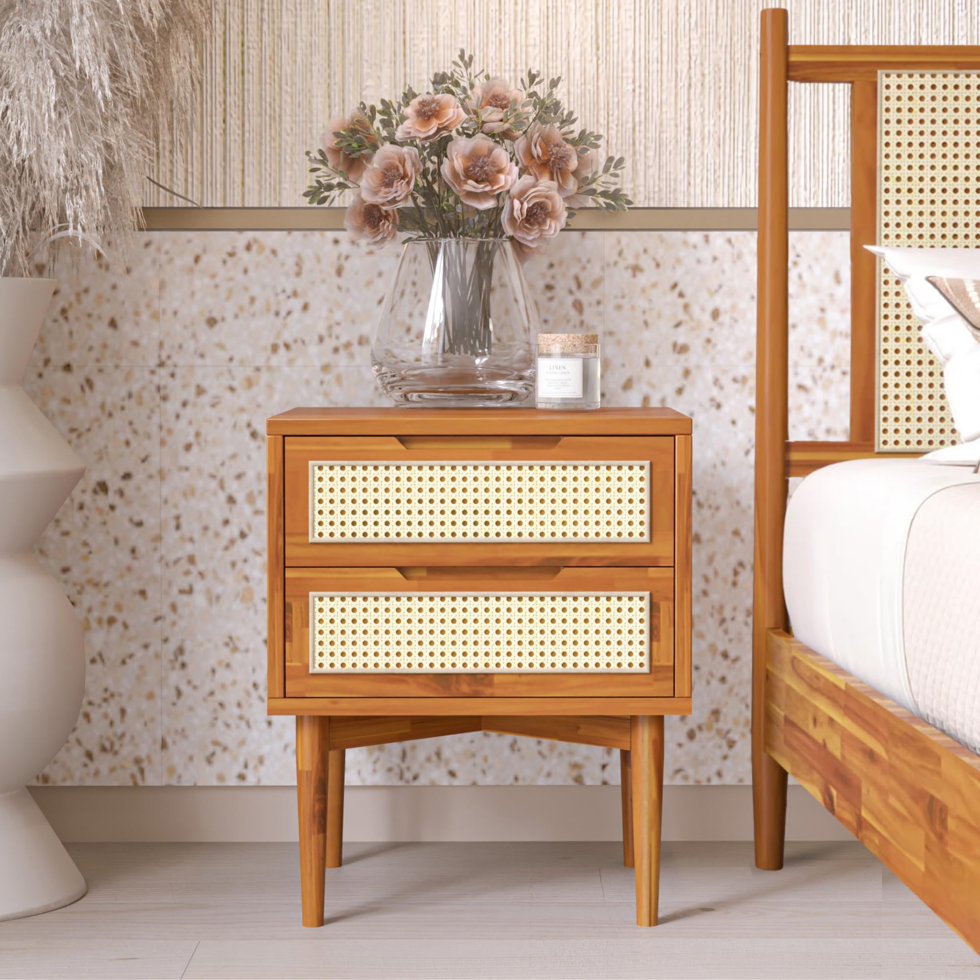 Caramel Rattan Nightstand - Mid Century Modern Solid Wood Side Table with Drawers - Elegant and Durable Accent Furniture