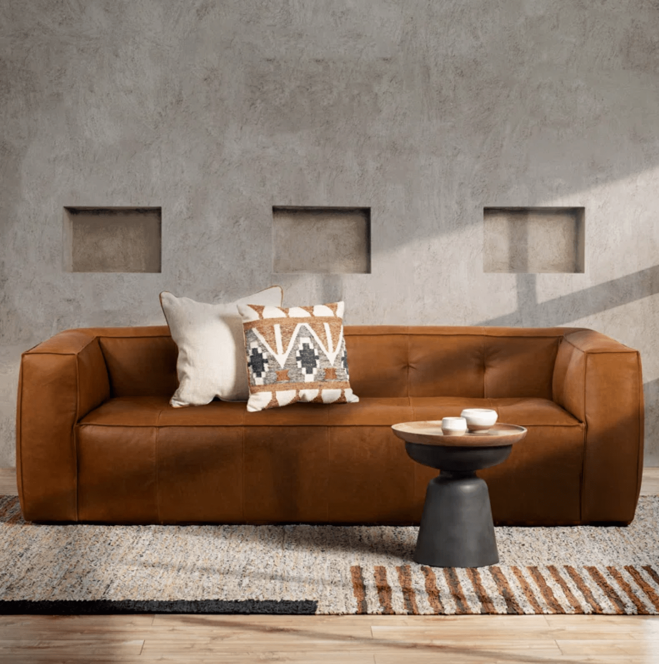 Chocolate Brown Full-Grain Semi-Aniline Leather Sofa with Minimalist Design Cognac