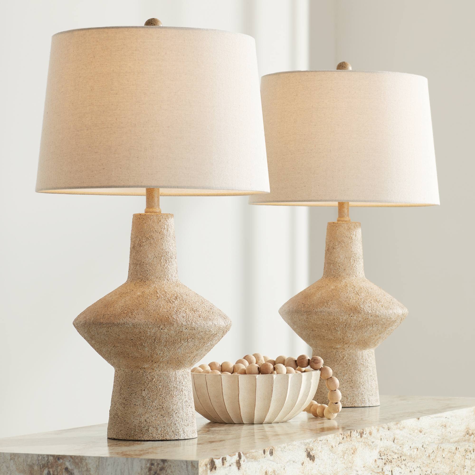 Coastal Charm: Set of 2 Rustic Modern Table Lamps with Geometric Bases and Off-White Shades