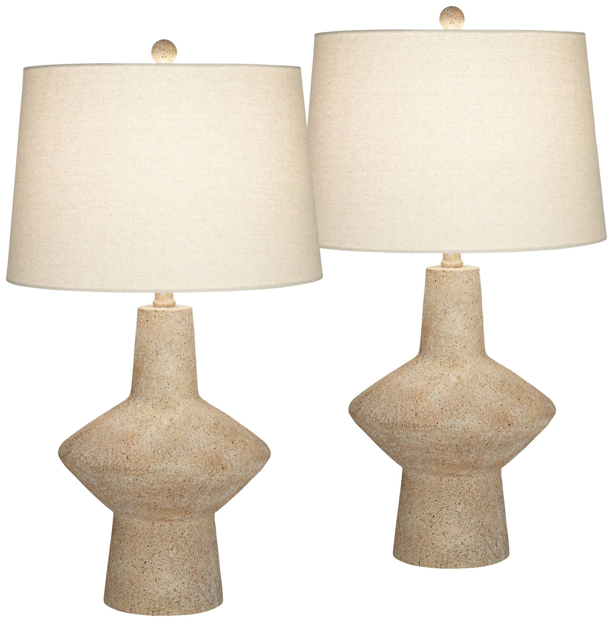 Coastal Charm: Set of 2 Rustic Modern Table Lamps with Geometric Bases and Off-White Shades