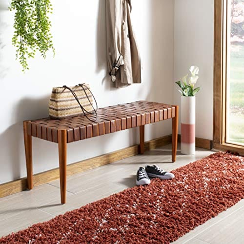 Cognac and Dark Brown Leather Weave Bench – Contemporary Mindi Wood Frame- 47-Inch