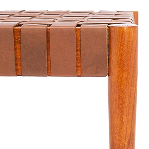 Cognac and Dark Brown Leather Weave Bench – Contemporary Mindi Wood Frame- 47-Inch