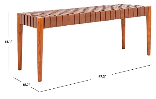 Cognac and Dark Brown Leather Weave Bench – Contemporary Mindi Wood Frame- 47-Inch