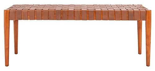 Cognac and Dark Brown Leather Weave Bench – Contemporary Mindi Wood Frame- 47-Inch