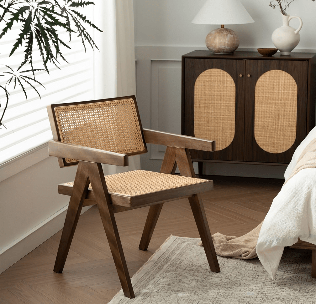 Comfy Rattan Dining Chair with Armrest, Wooden Chair with Natural Rattan Backrest, Brown 1 Chair