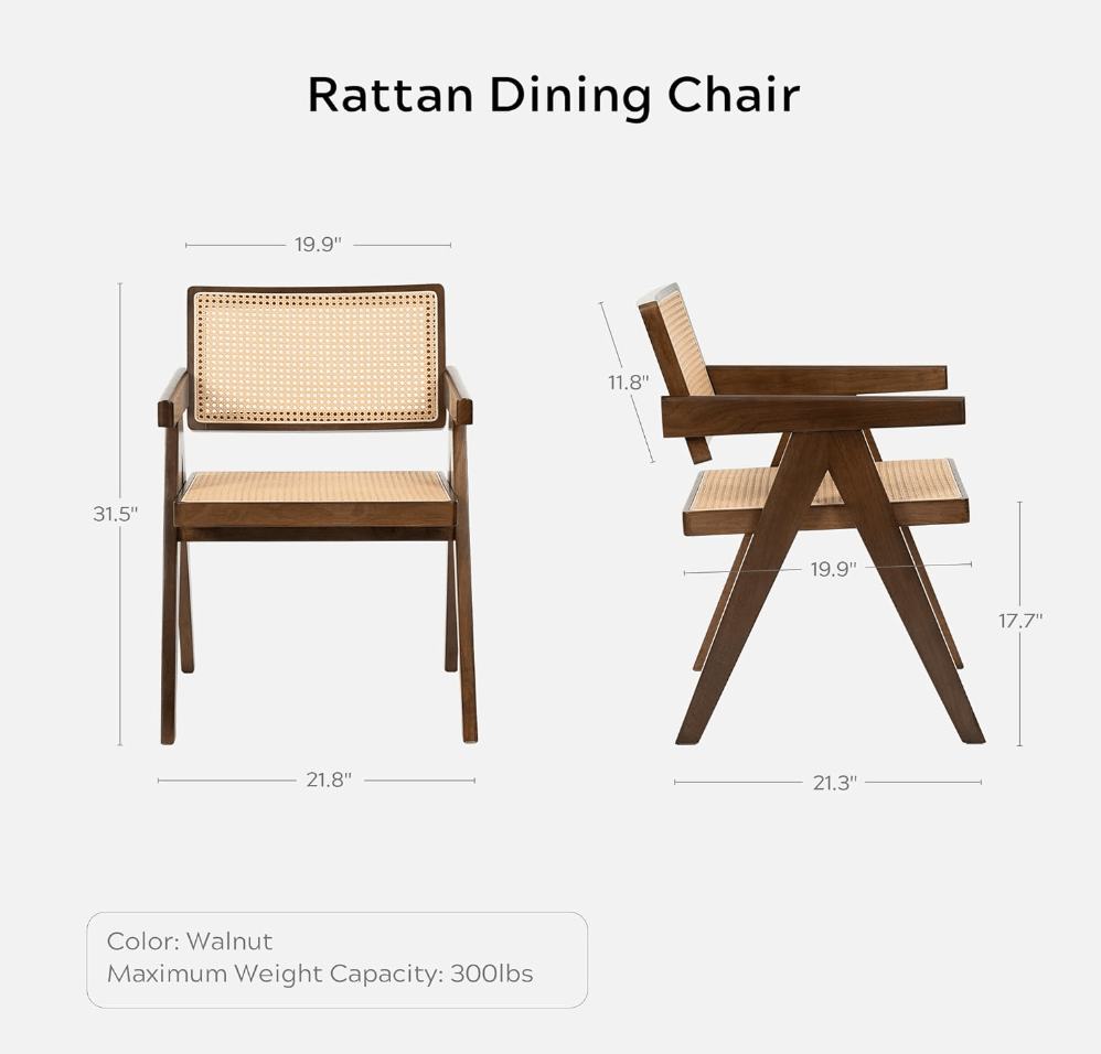 Comfy Rattan Dining Chair with Armrest, Wooden Chair with Natural Rattan Backrest, Brown