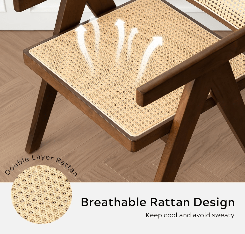 Comfy Rattan Dining Chair with Armrest, Wooden Chair with Natural Rattan Backrest, Brown