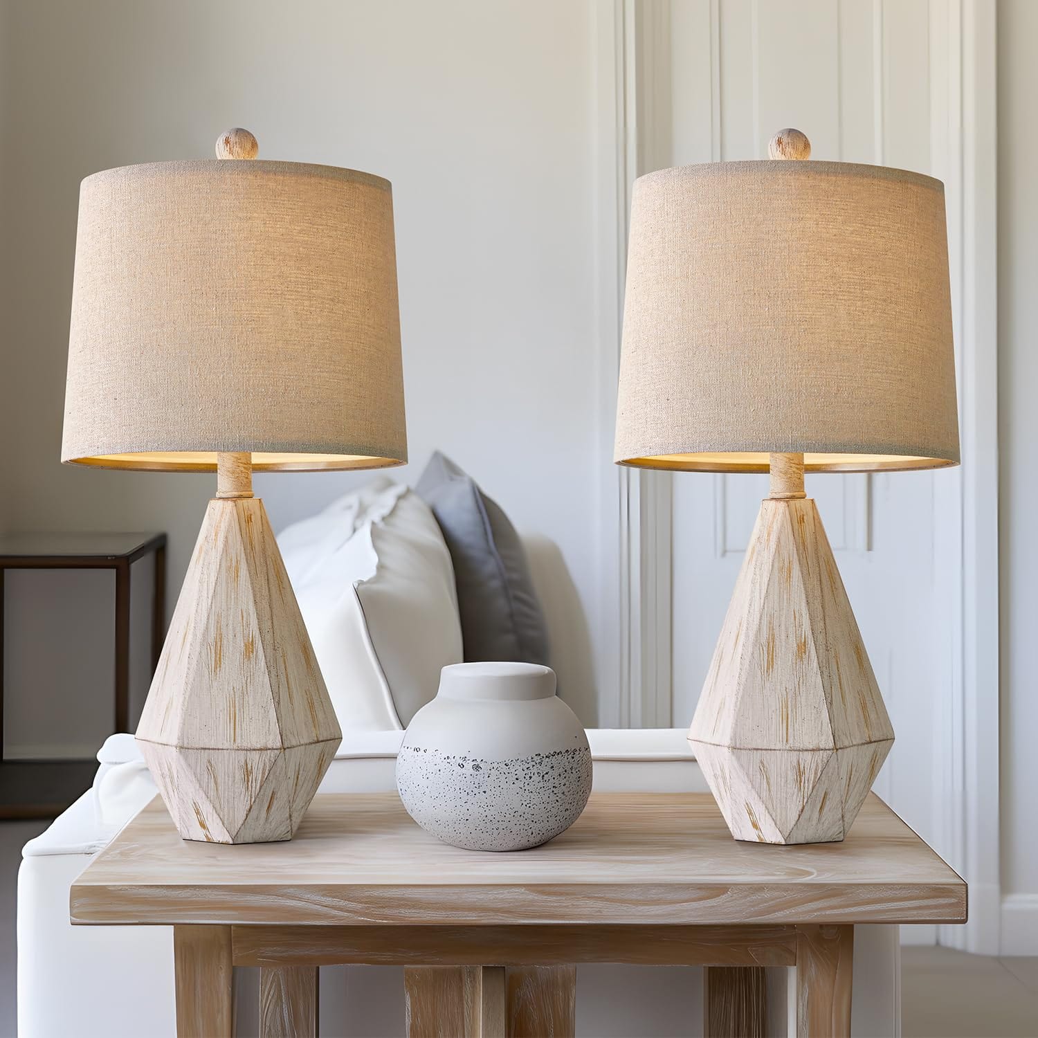 Compact Rustic Table Lamps Set of 2 | 20.25" Vintage Farmhouse Nightstand Lamps with Linen Shade