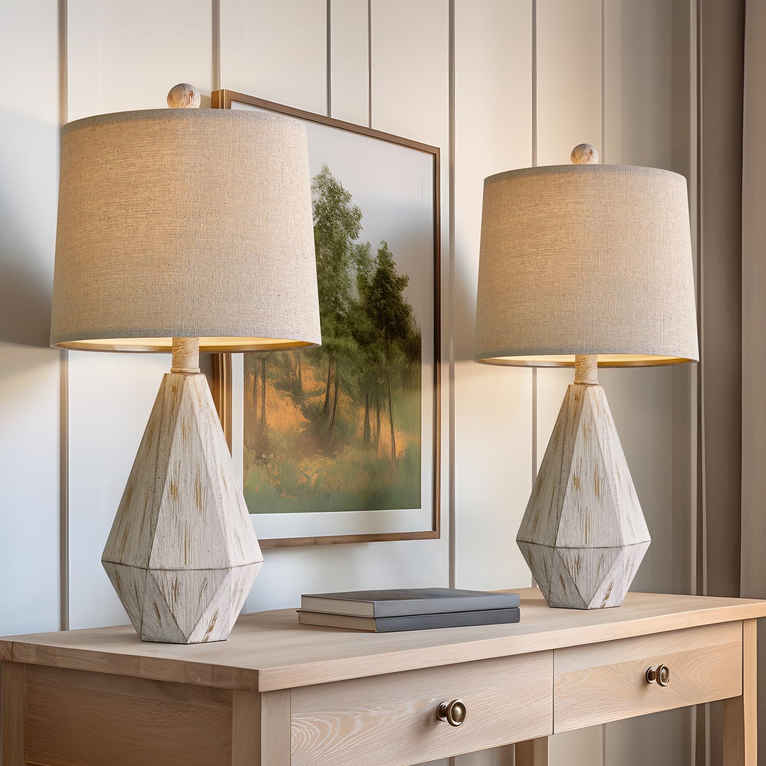 Compact Rustic Table Lamps Set of 2 | 20.25" Vintage Farmhouse Nightstand Lamps with Linen Shade