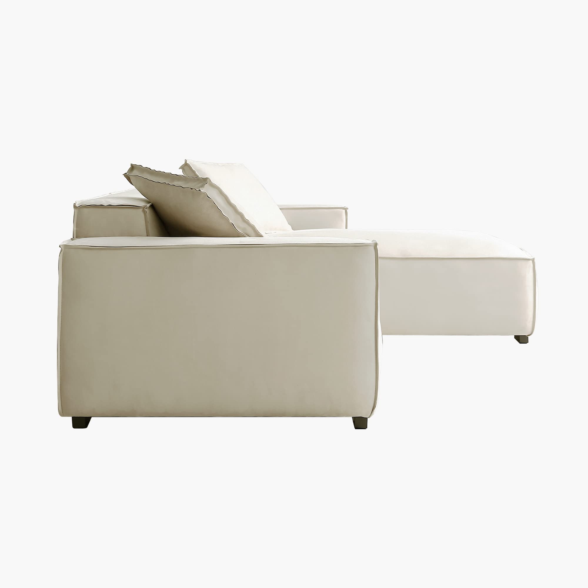 Cream L-Shaped Deep Sectional Sofa – Minimalist Suedette Upholstery Corner Couch with Chaise for Living Room