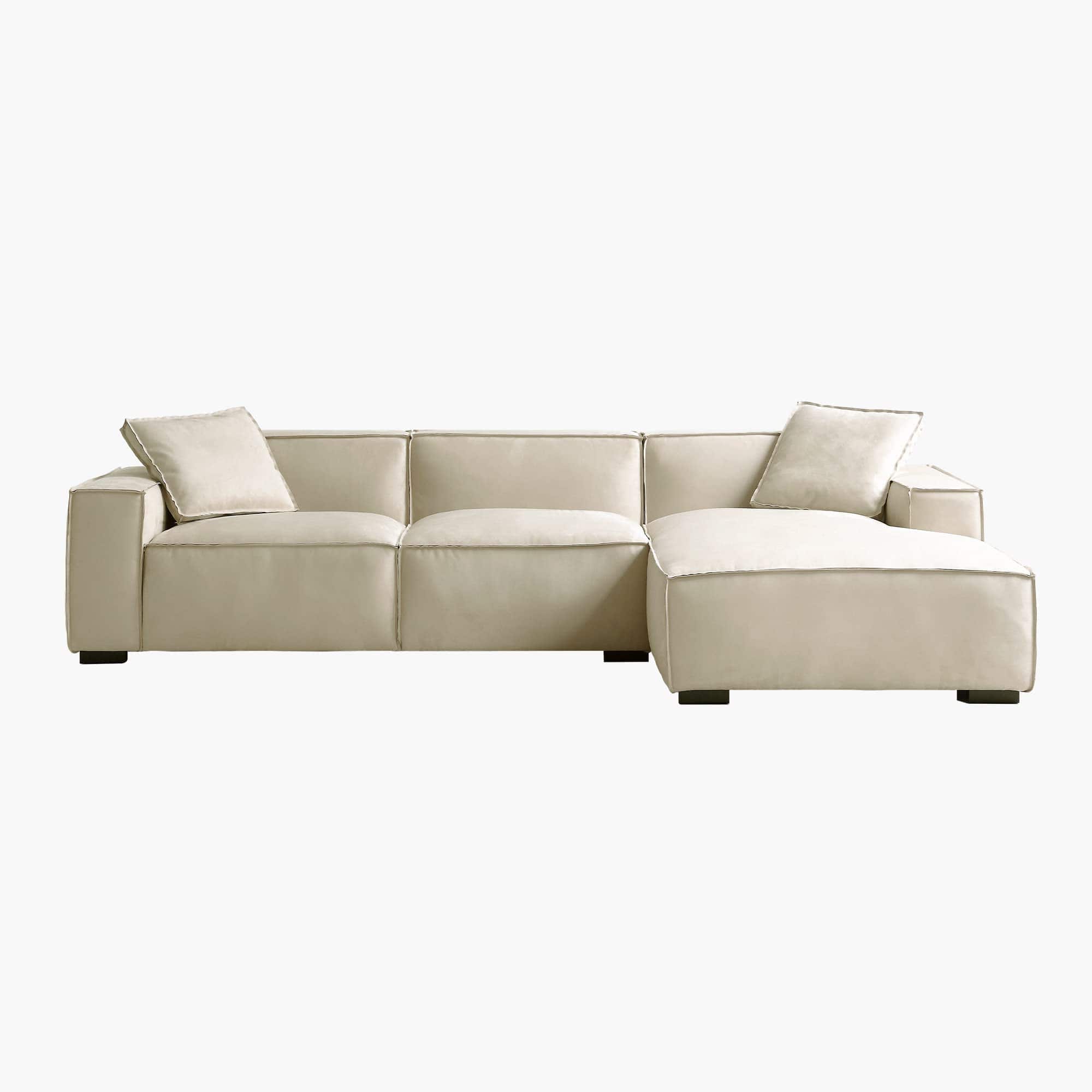 Cream L-Shaped Deep Sectional Sofa – Minimalist Suedette Upholstery Corner Couch with Chaise for Living Room