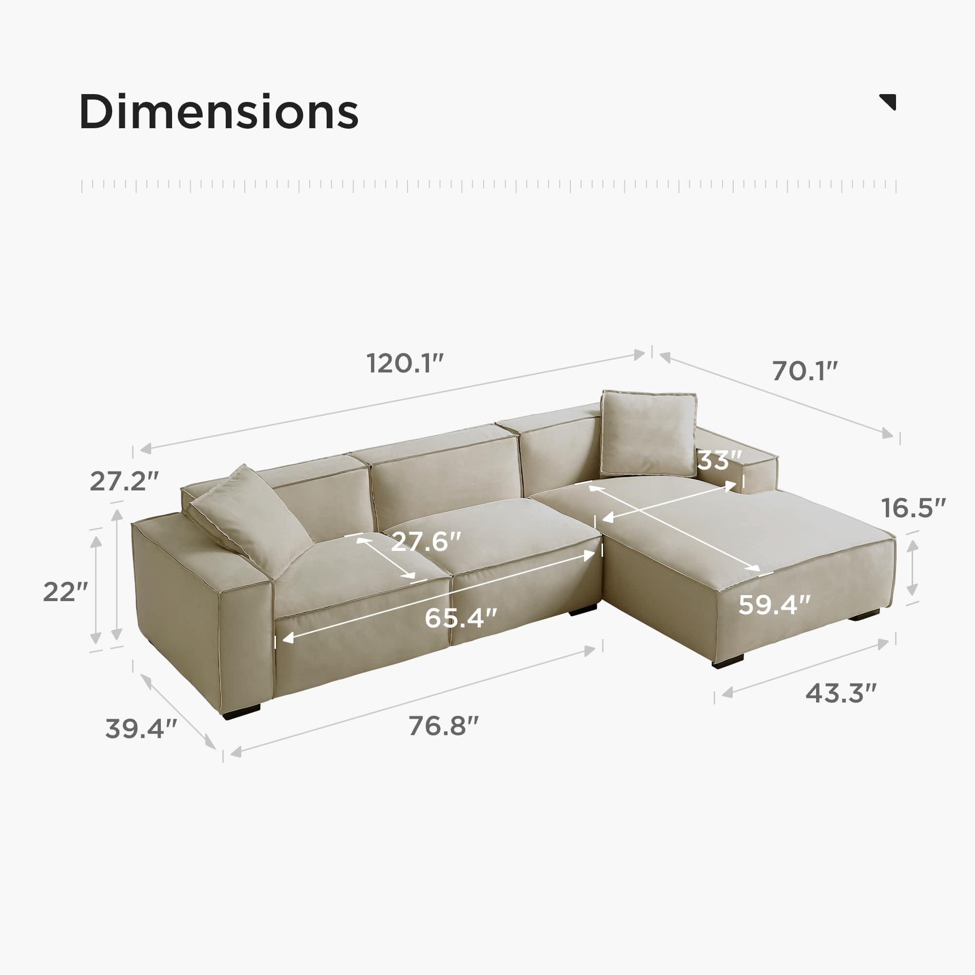 Cream L-Shaped Deep Sectional Sofa – Minimalist Suedette Upholstery Corner Couch with Chaise for Living Room