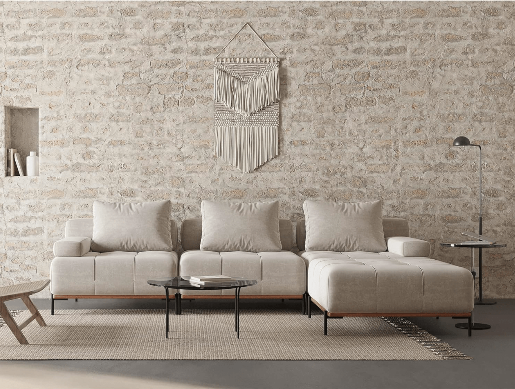 Customizable Configurations - Grand Modular Sofa with Blind Tufting, Deep Seat Armrest and Backrest Beige