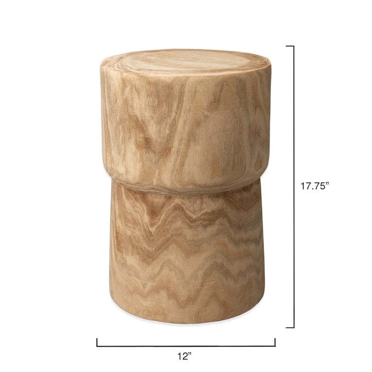 Cylindrical Solid Wood Side Table – Handcarved Natural Wood Accent Table