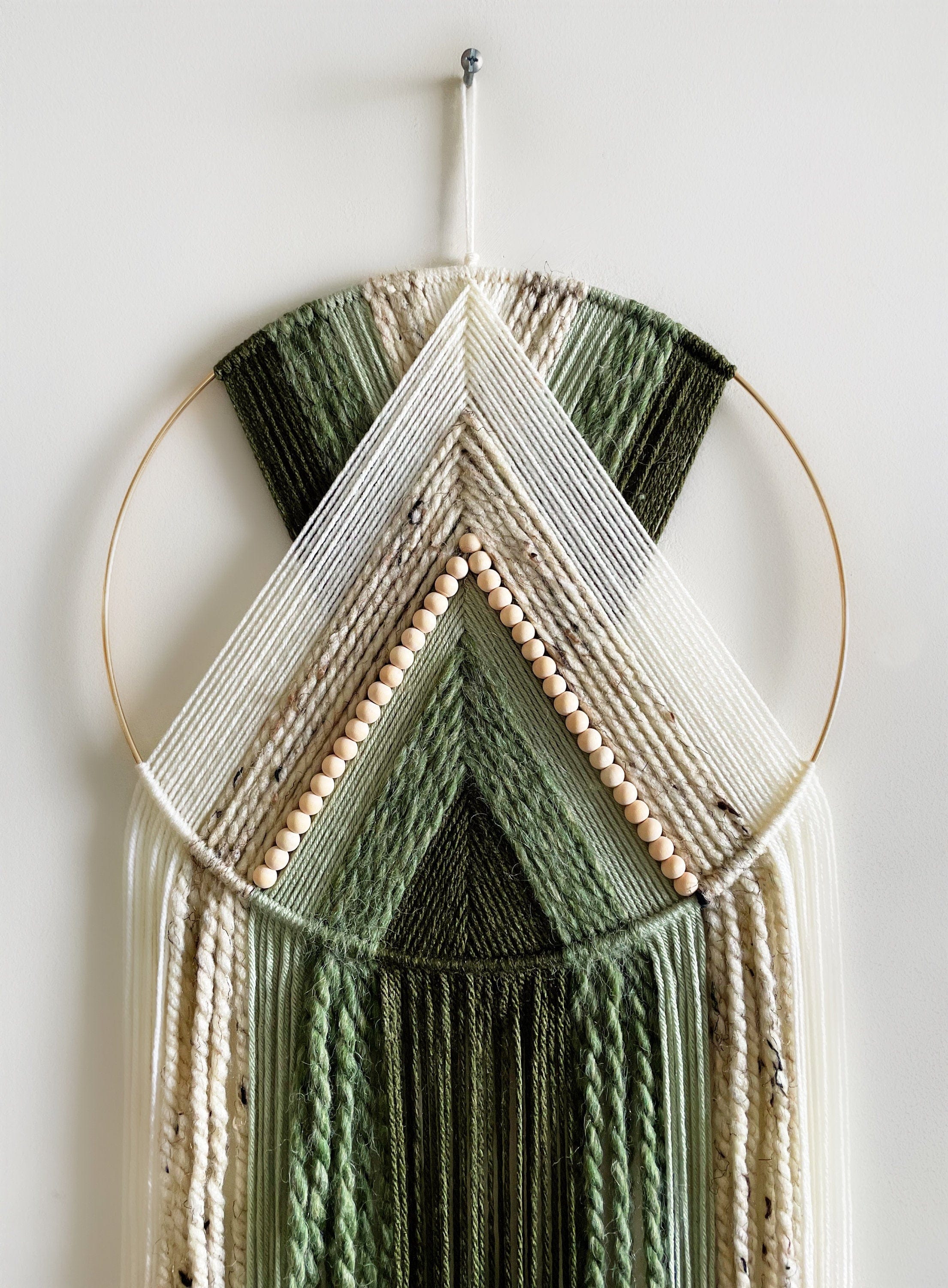 Dark Green and Beige Beaded Yarn Hoop Wall Hanging | Macrame Nursery and Dorm Decor | Modern Boho Gold Hoop Wall Art