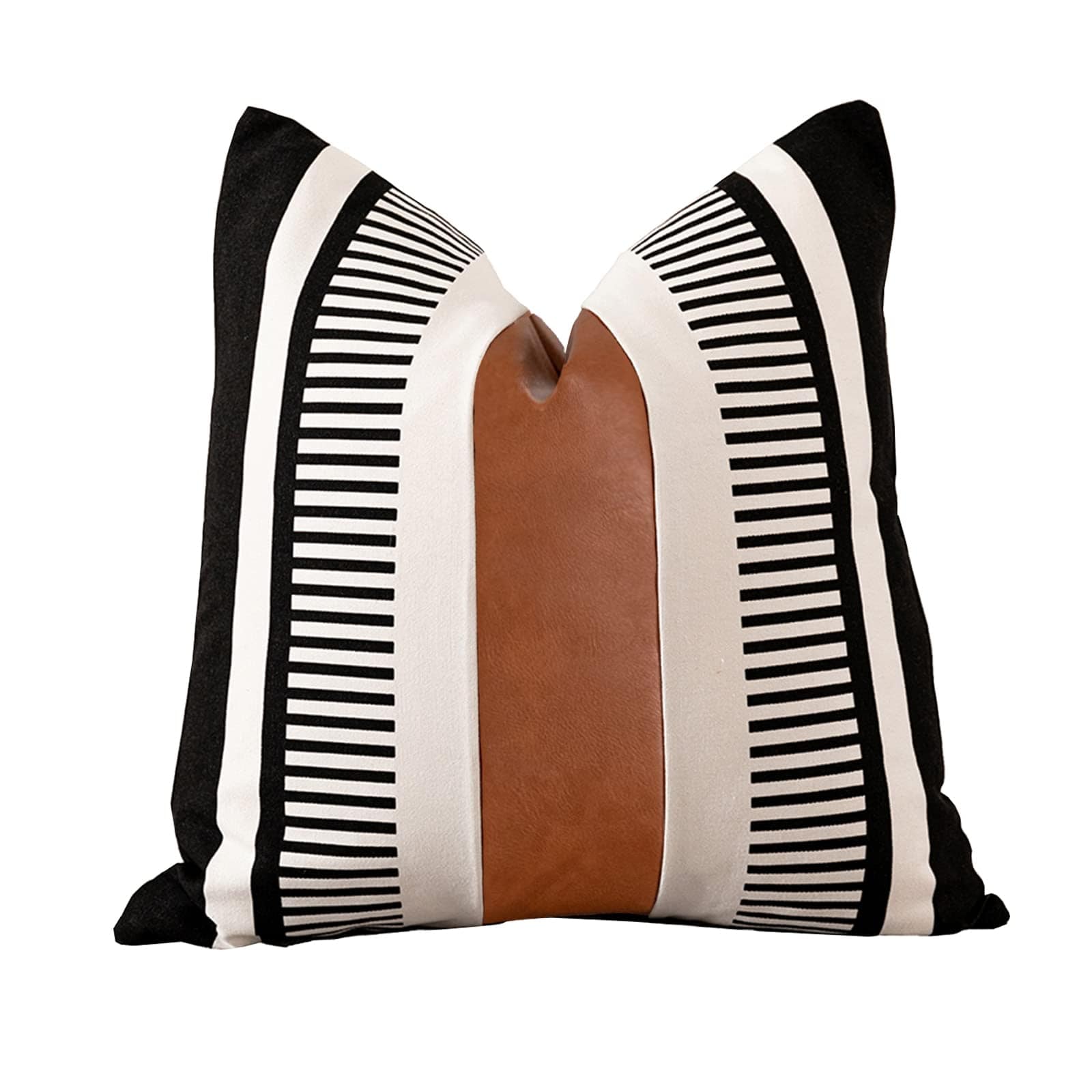 Decorative Boho Throw Pillow Cover, 18x18 Inch, Faux Leather and Cotton Canvas, Tribal Stripe Accent Cushion Cover for Sofa Couch, Black