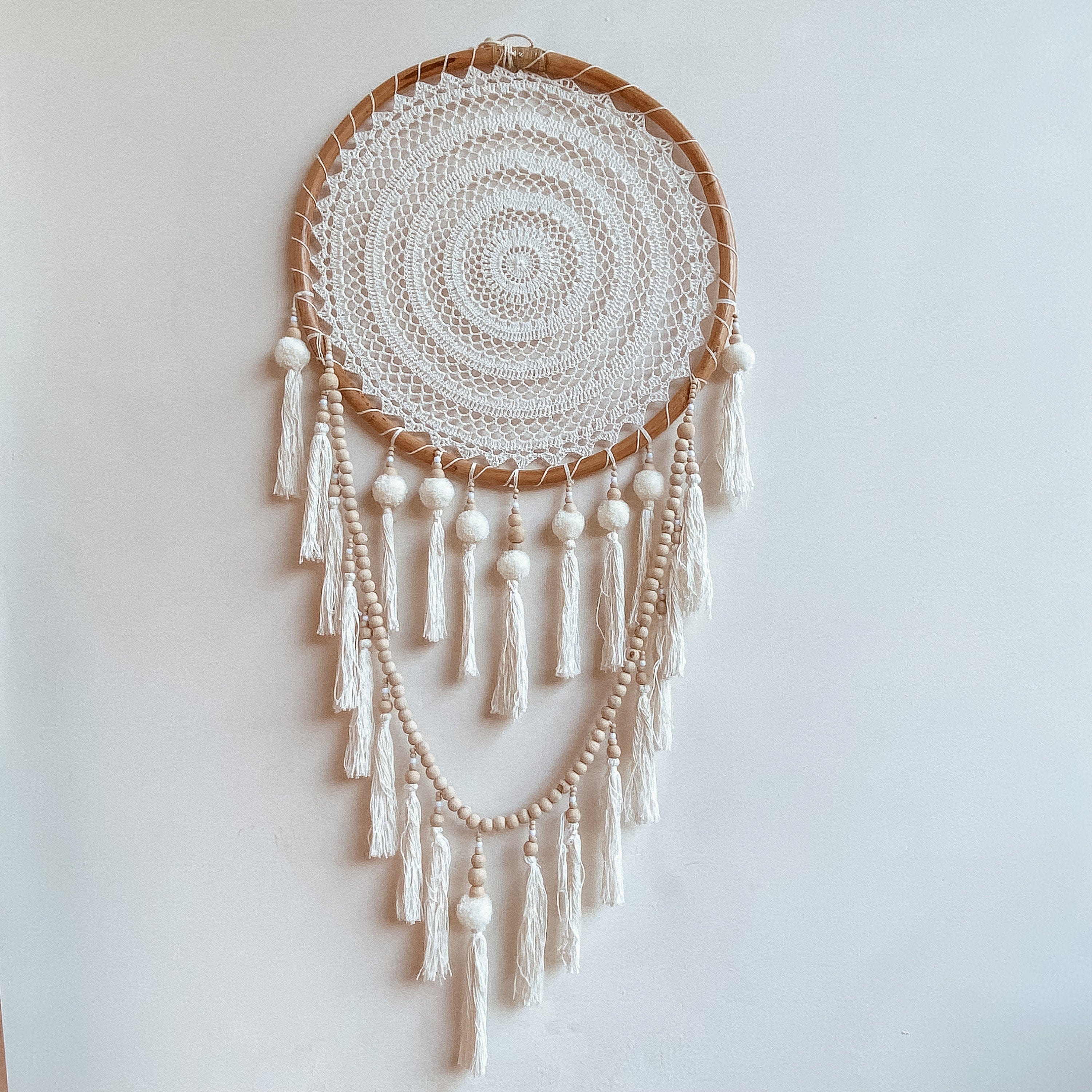 Dream Catcher Pompom Cream – Boho Crochet and Rattan Wall Hanging, 50 cm