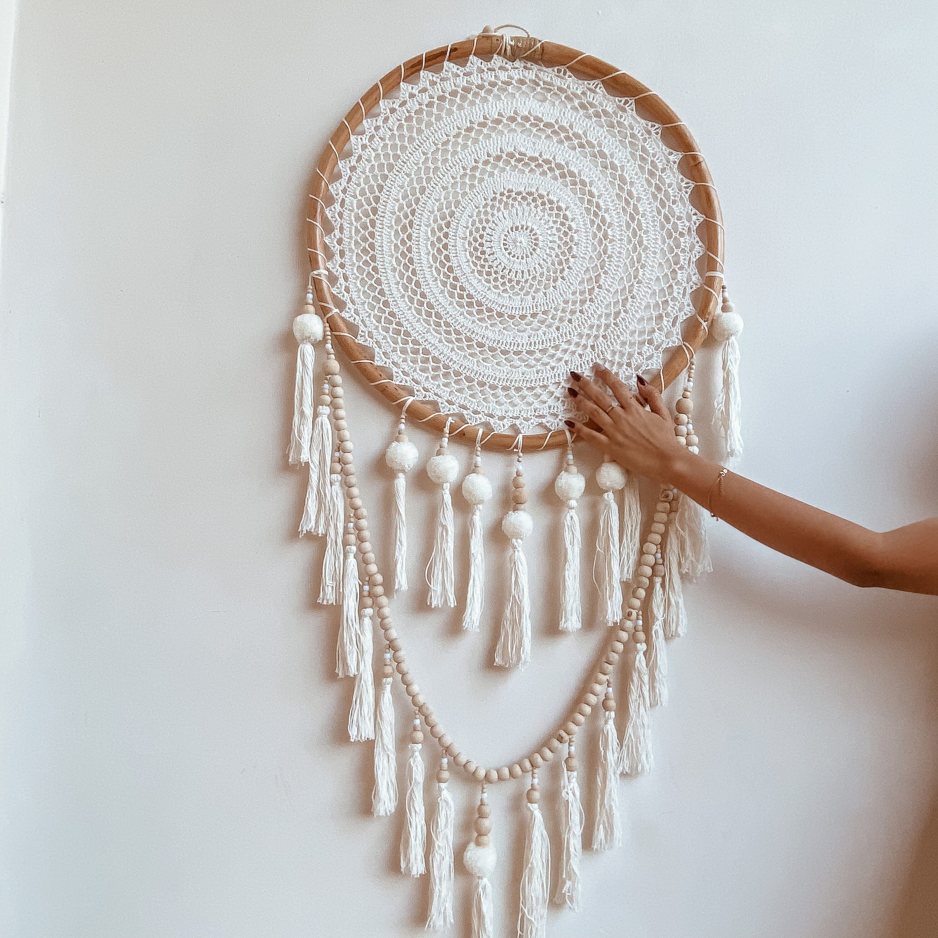 Dream Catcher Pompom Cream – Boho Crochet and Rattan Wall Hanging, 50 cm