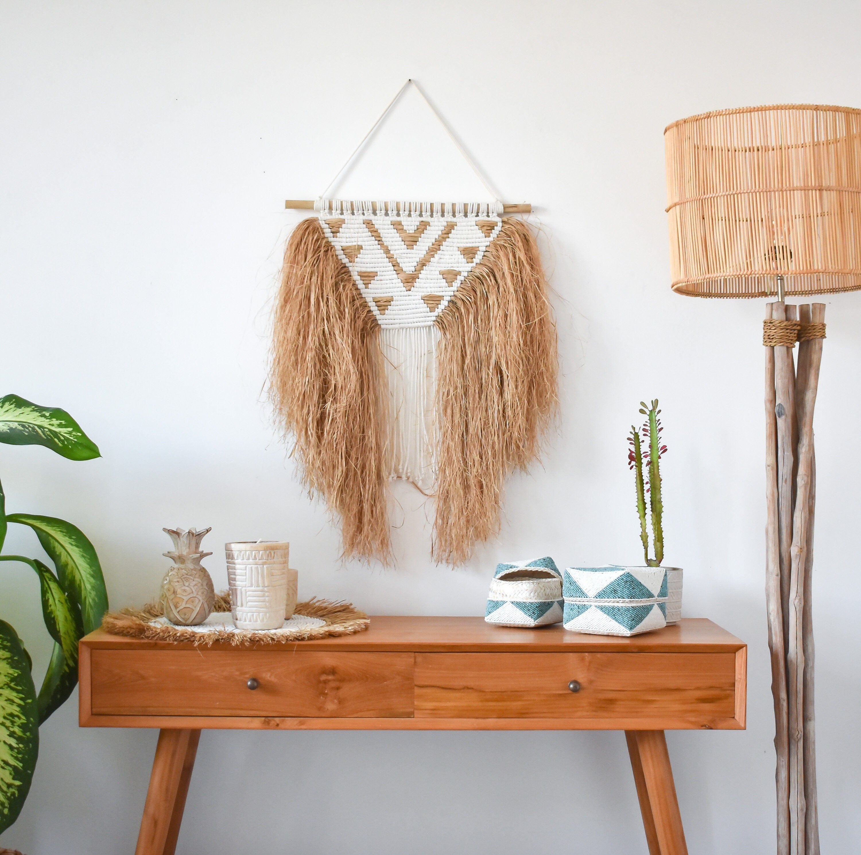 Elegant Handcrafted Raffia and Macramé Wall Hanging | Bohemian Tribal Decor | Versatile Home Accent | Rustic Wabi Sabi Wall Art