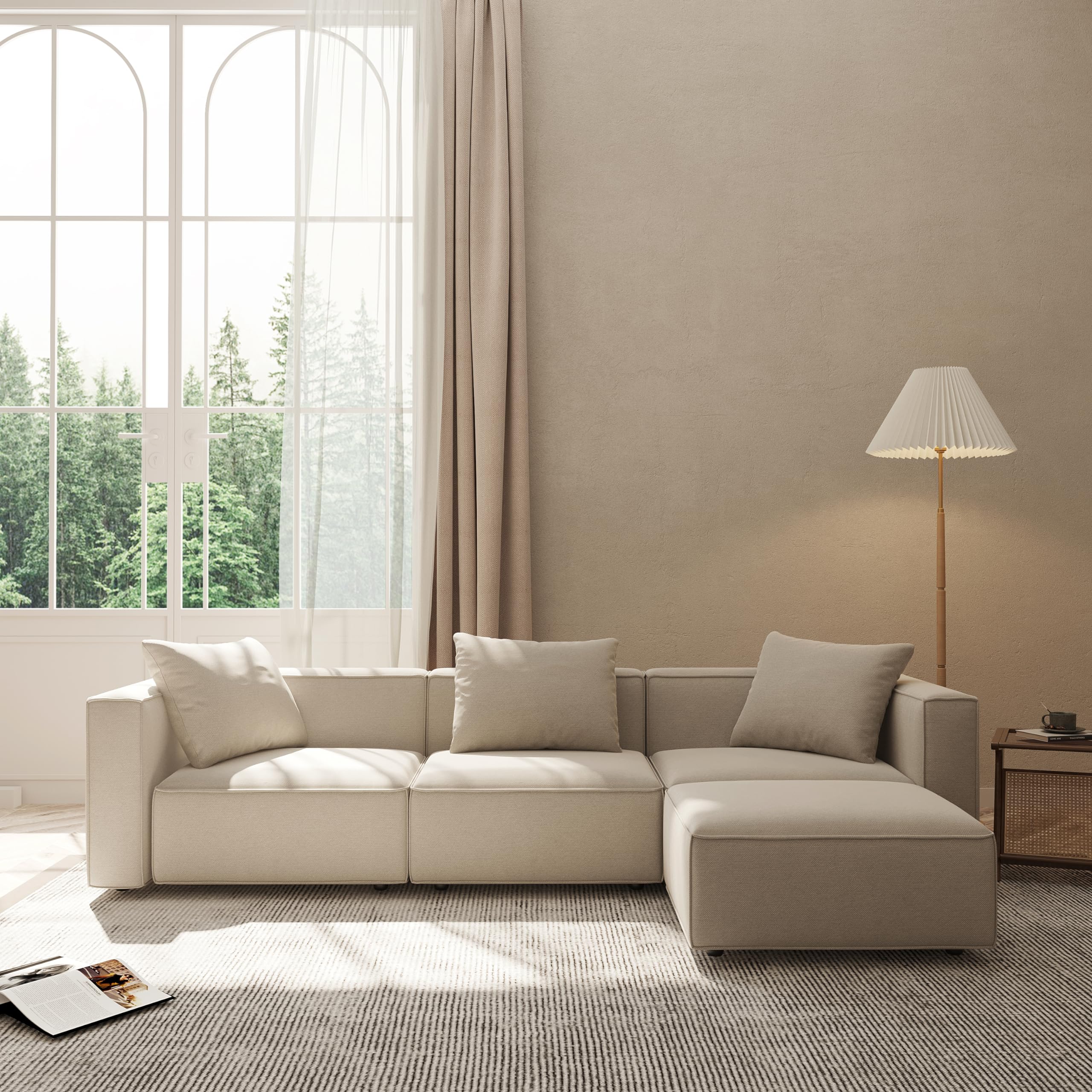 Elegant Linen-Like Modular Sectional Sofa – Modern L-Shape Couch with Ottoman and Chaise, Cream Upholstery