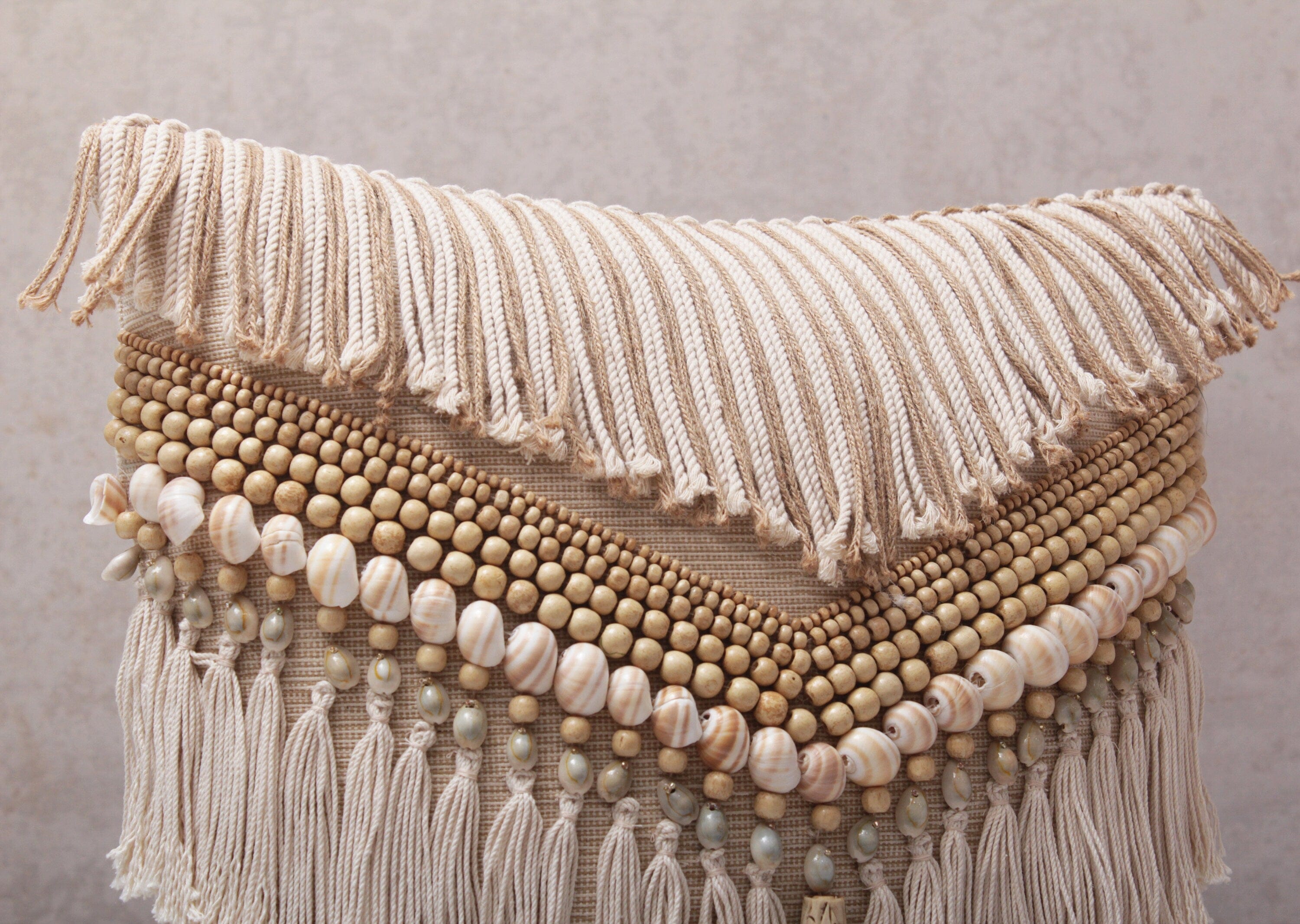 Embroidered Bohemian Pillow Cover, 16x16 Inch, Light Beige Decorative Handmade Throw Pillow Cover with Tassels and Shells