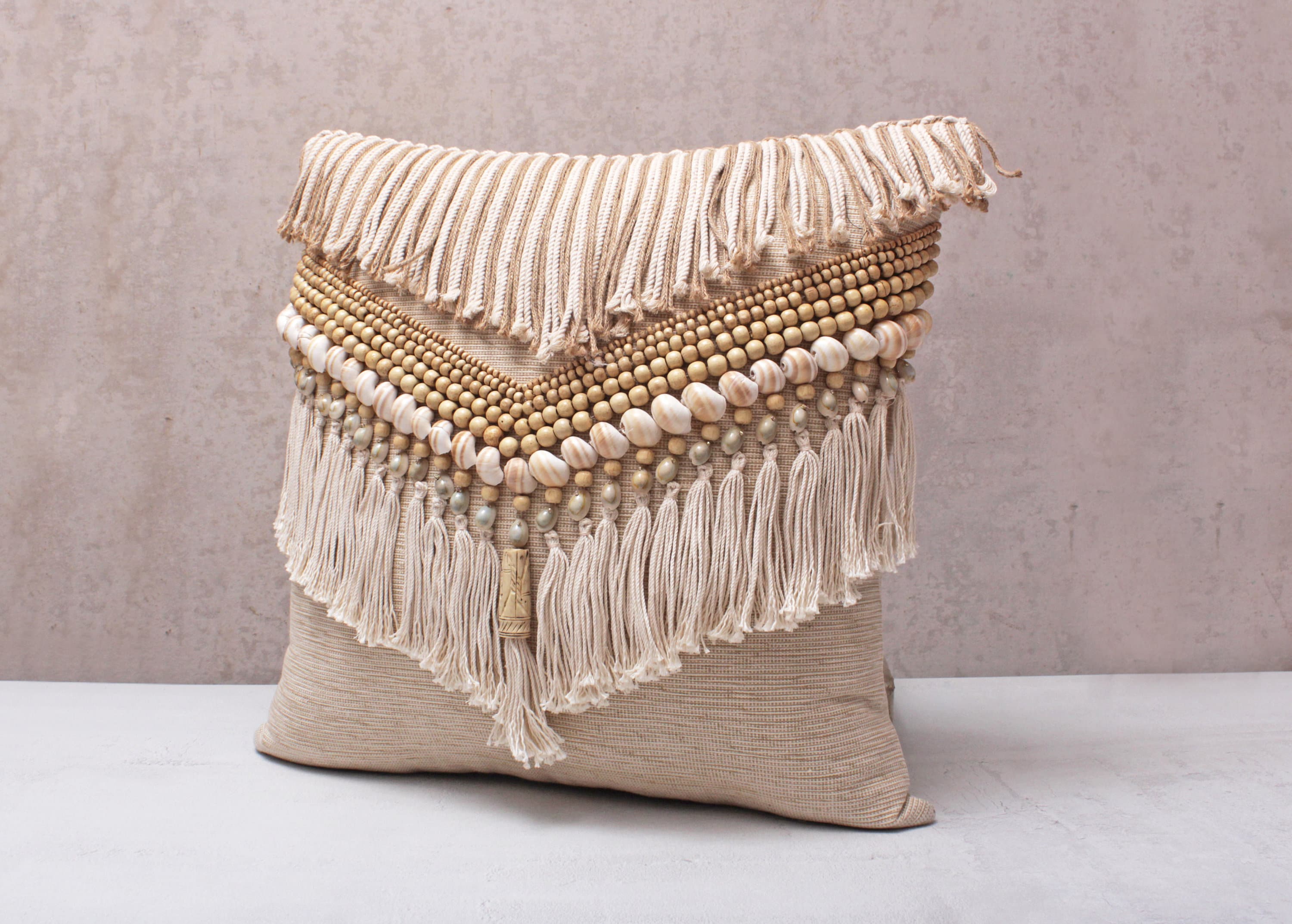 Embroidered Bohemian Pillow Cover, 16x16 Inch, Light Beige Decorative Handmade Throw Pillow Cover with Tassels and Shells