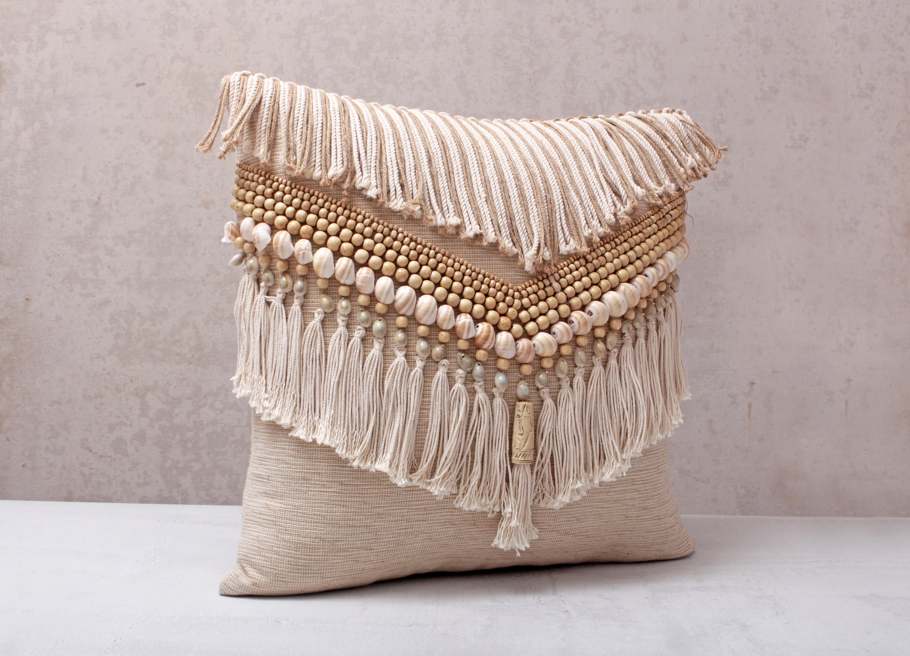 Embroidered Bohemian Pillow Cover, 16x16 Inch, Light Beige Decorative Handmade Throw Pillow Cover with Tassels and Shells