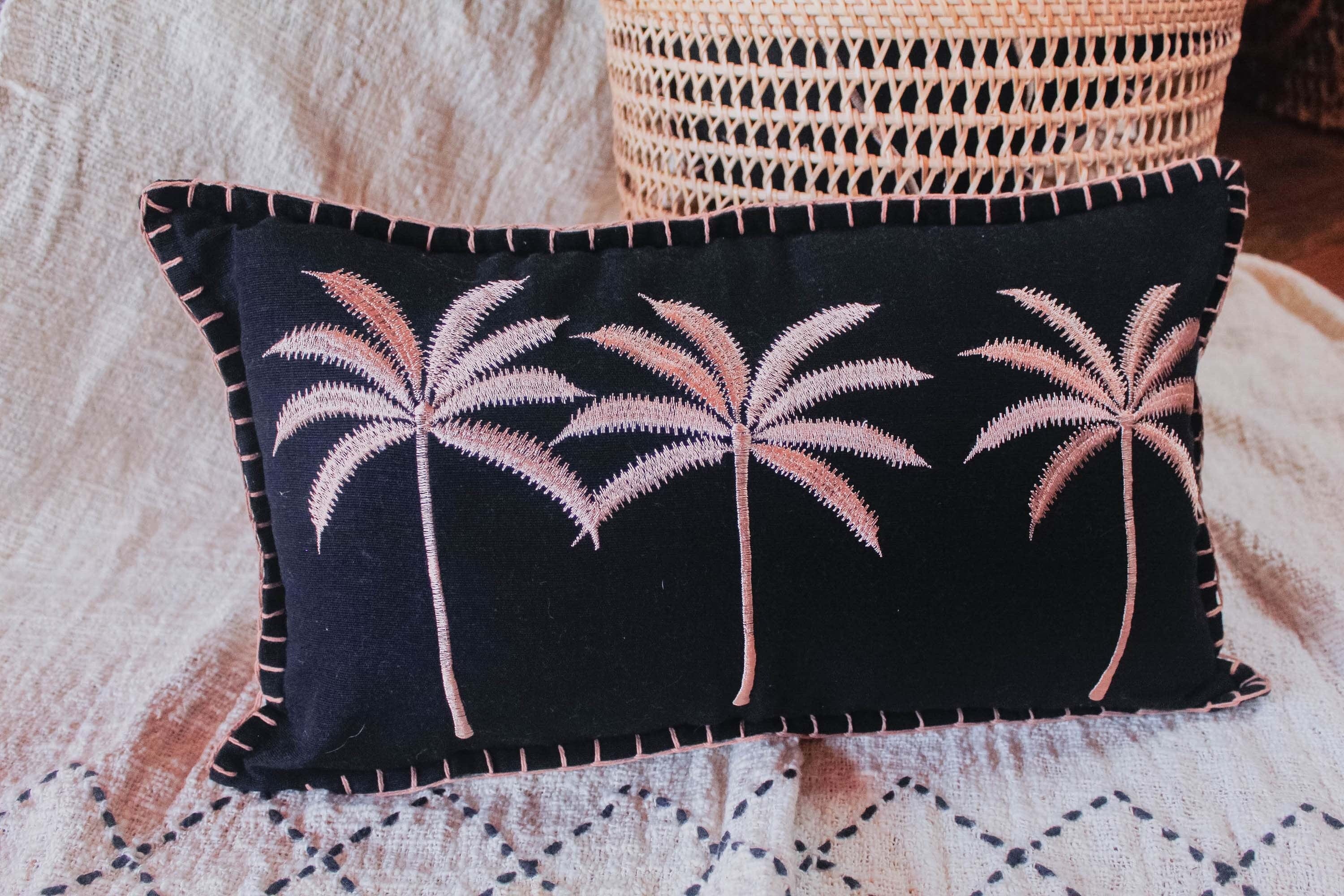 Exotic Tropical Embroidered Cushion Covers, Waving Cotton, Black and Brown, Decorative Pillow Covers - Perfect for Living Room or Bedroom Decor 30x50 cm