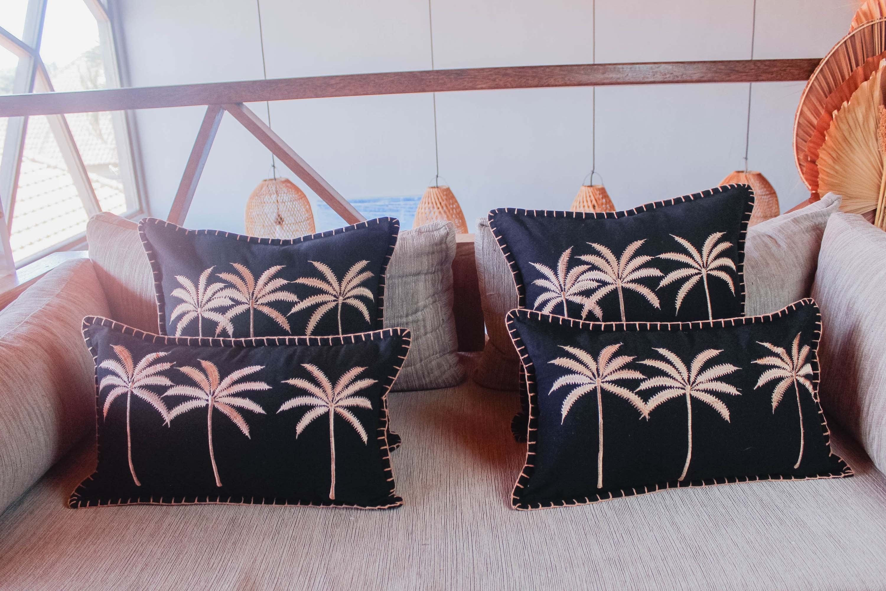 Exotic Tropical Embroidered Cushion Covers, Waving Cotton, Black and Brown, Decorative Pillow Covers - Perfect for Living Room or Bedroom Decor