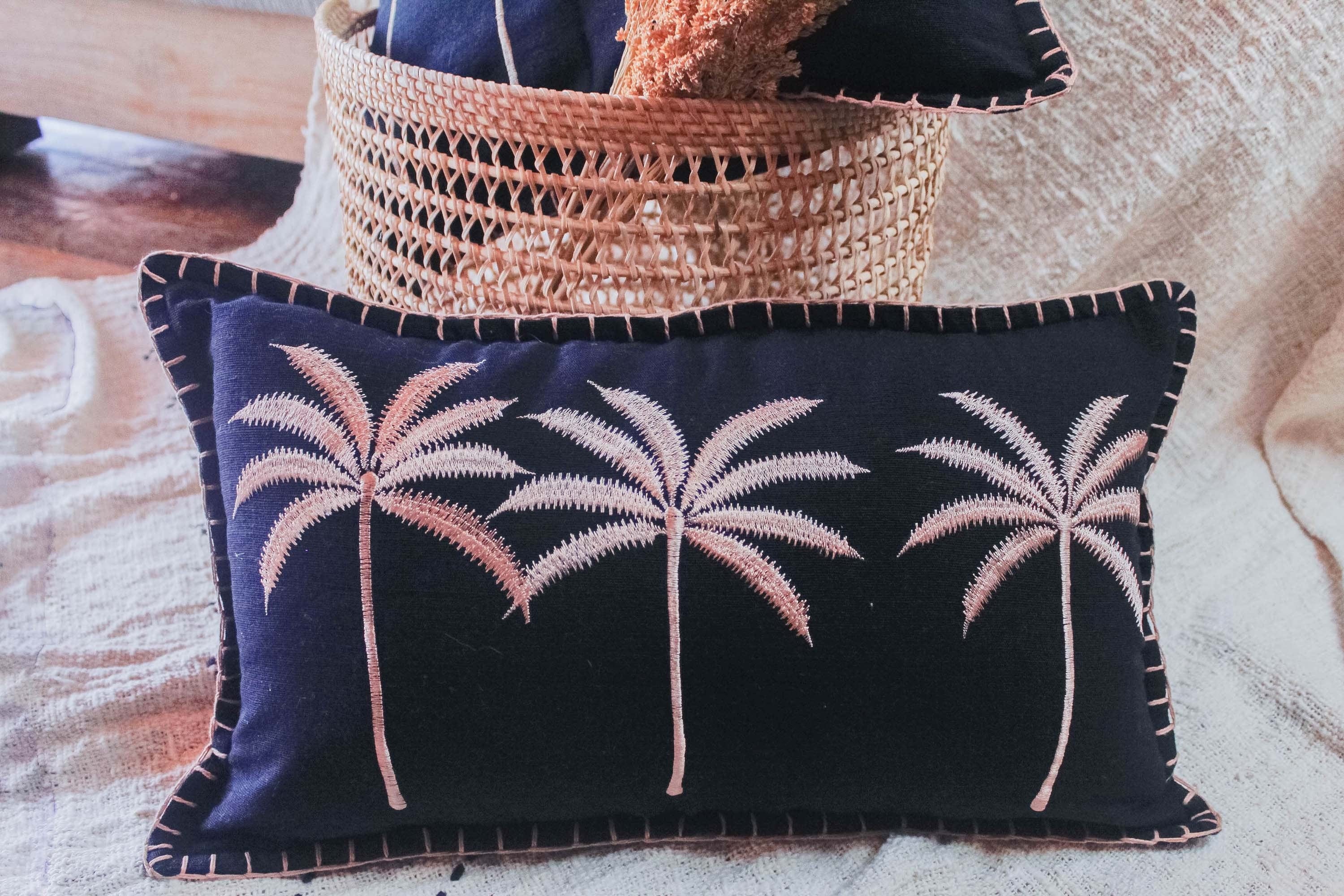 Exotic Tropical Embroidered Cushion Covers, Waving Cotton, Black and Brown, Decorative Pillow Covers - Perfect for Living Room or Bedroom Decor