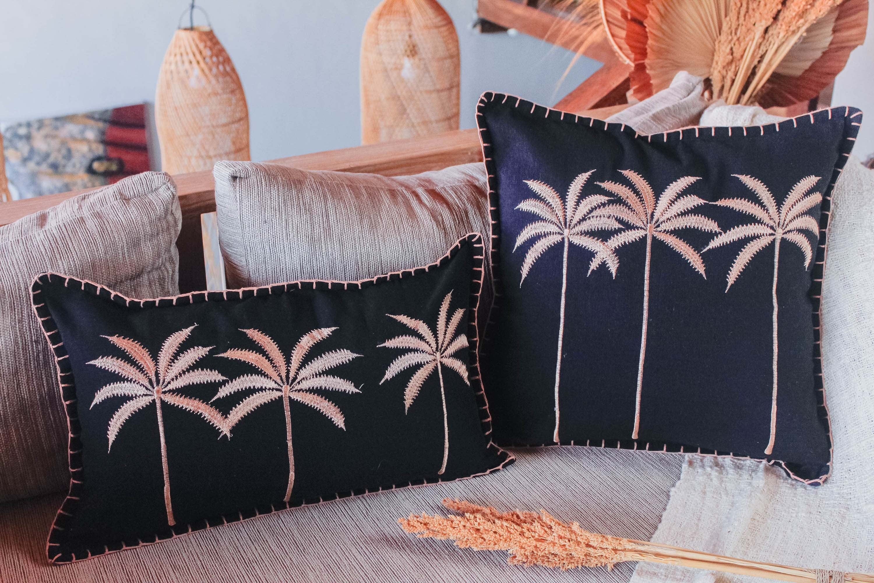 Exotic Tropical Embroidered Cushion Covers, Waving Cotton, Black and Brown, Decorative Pillow Covers - Perfect for Living Room or Bedroom Decor