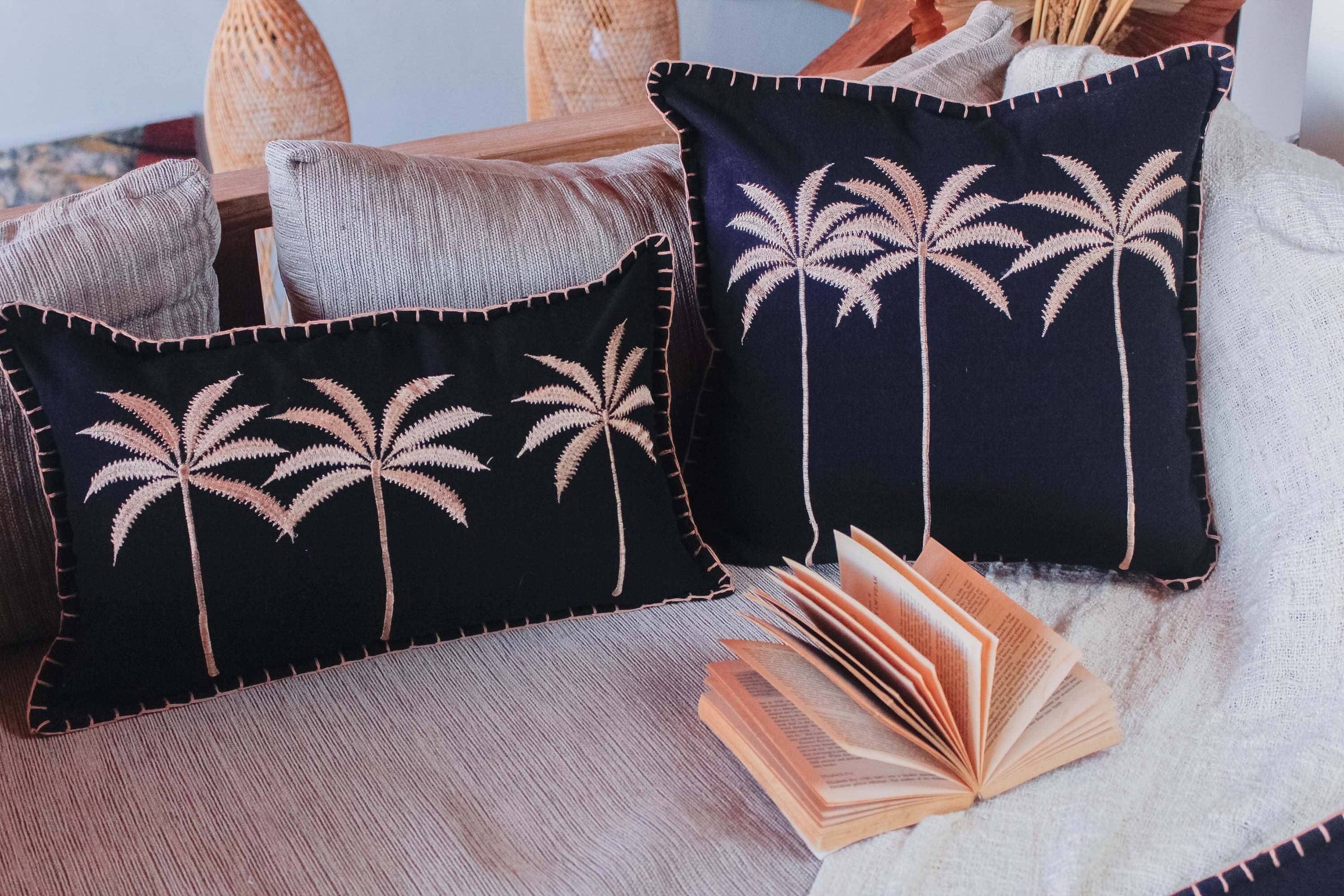 Exotic Tropical Embroidered Cushion Covers, Waving Cotton, Black and Brown, Decorative Pillow Covers - Perfect for Living Room or Bedroom Decor