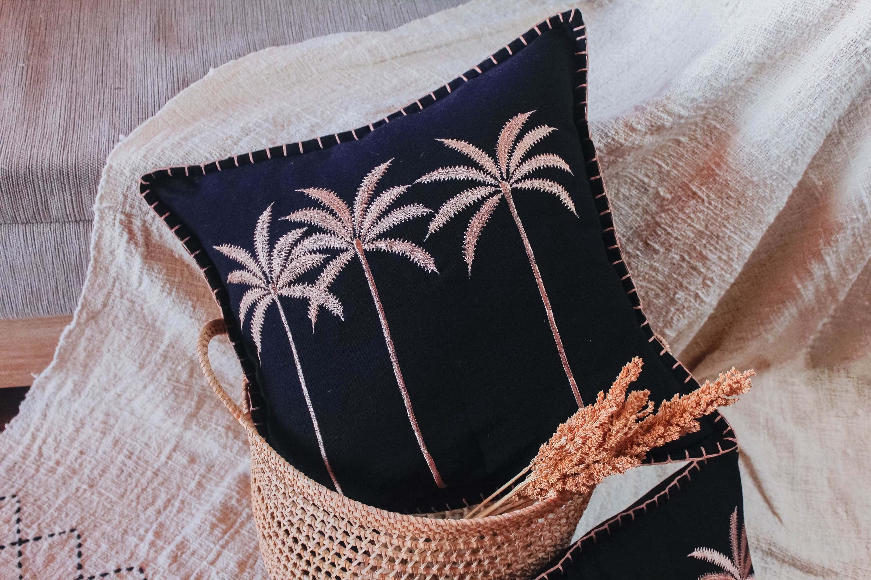 Exotic Tropical Embroidered Cushion Covers, Waving Cotton, Black and Brown, Decorative Pillow Covers - Perfect for Living Room or Bedroom Decor 45x45 cm