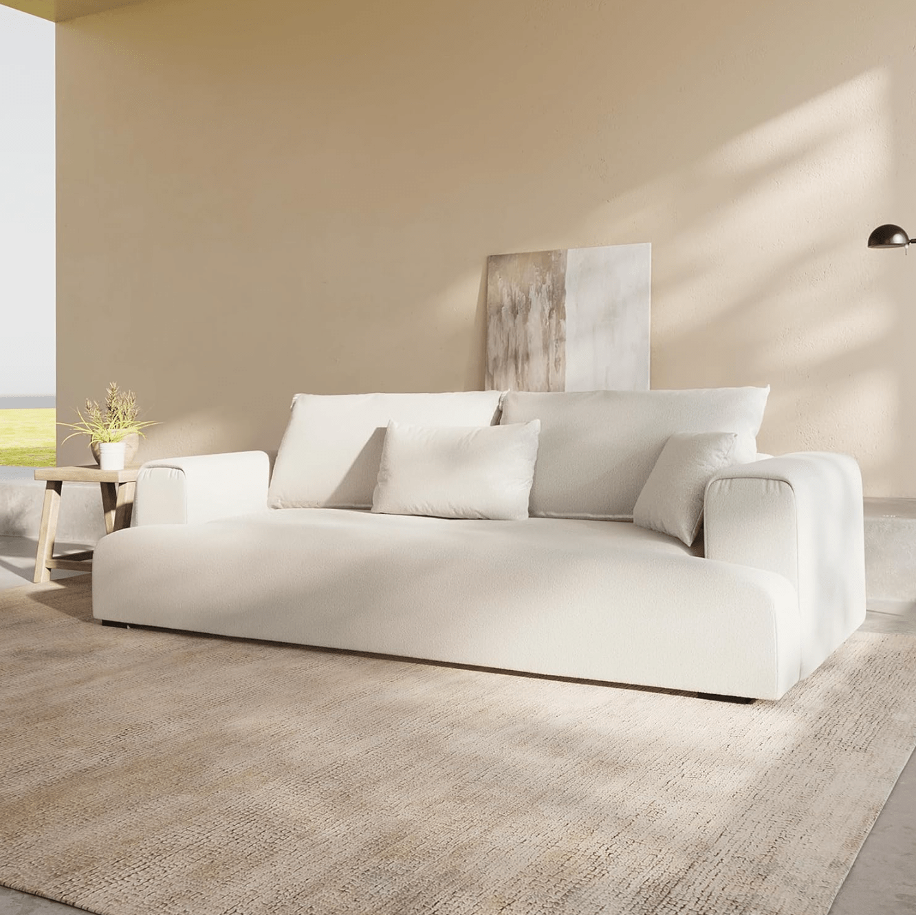 Extra Deep Minimalist T-Shape Sofa – Modern Wool-Like Upholstered Couch for Living Room and Lounge