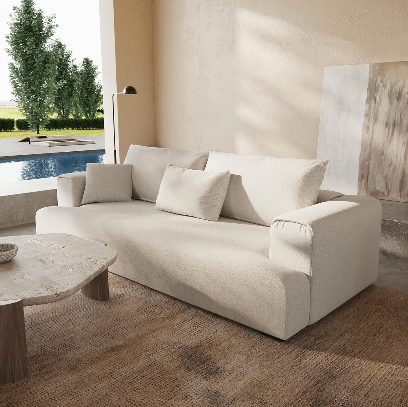 Extra Deep Minimalist T-Shape Sofa – Modern Wool-Like Upholstered Couch for Living Room and Lounge