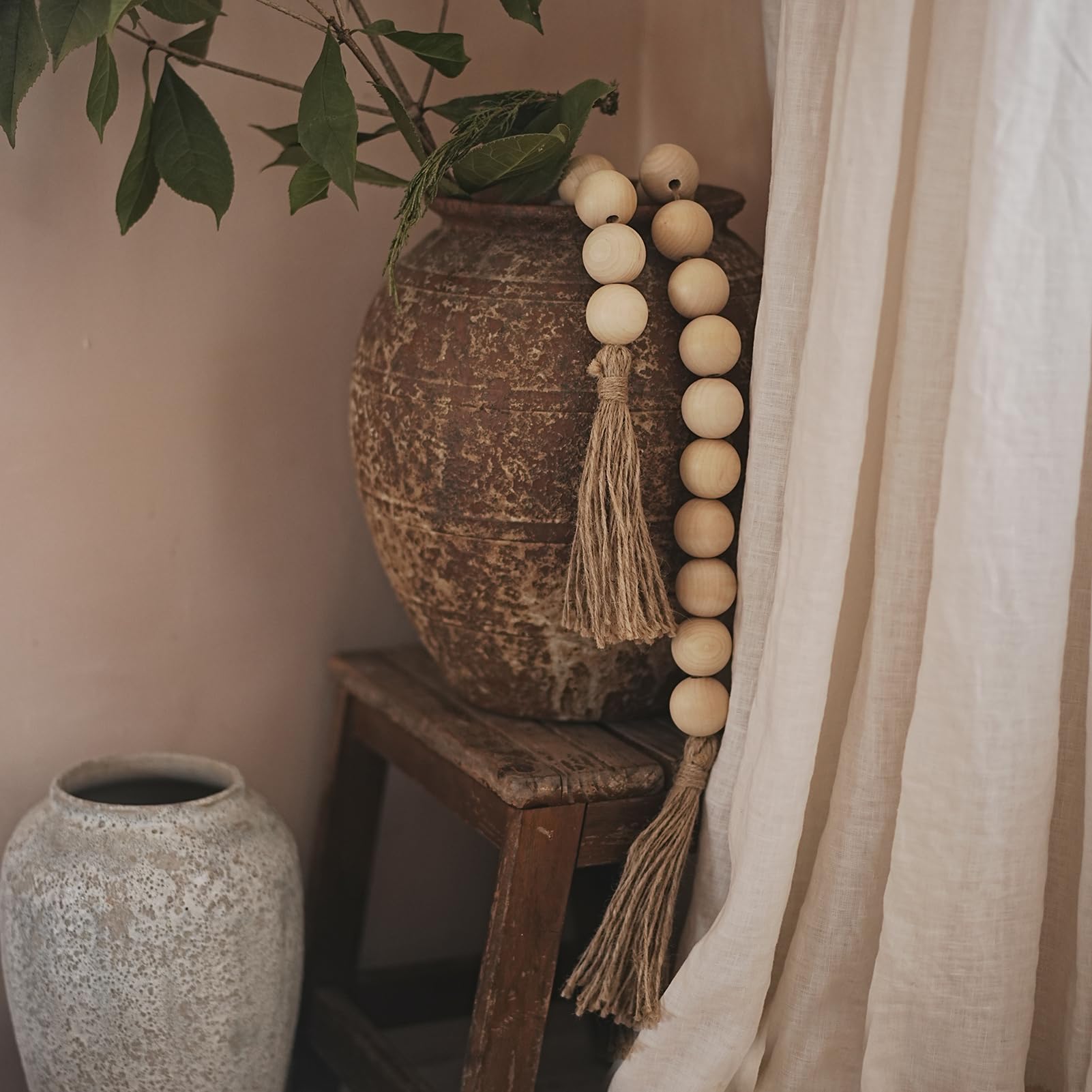 Extra Large Chunky Wood Bead Garland with Tassels - 41" Long Wooden Beads Garland for Boho, Farmhouse Home Decor - Nature Beige