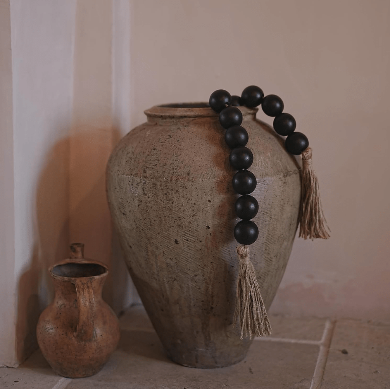 Extra Large Chunky Wood Bead Garland with Tassels - 41" Long Wooden Beads Garland for Boho, Farmhouse Home Decor - Nature Beige