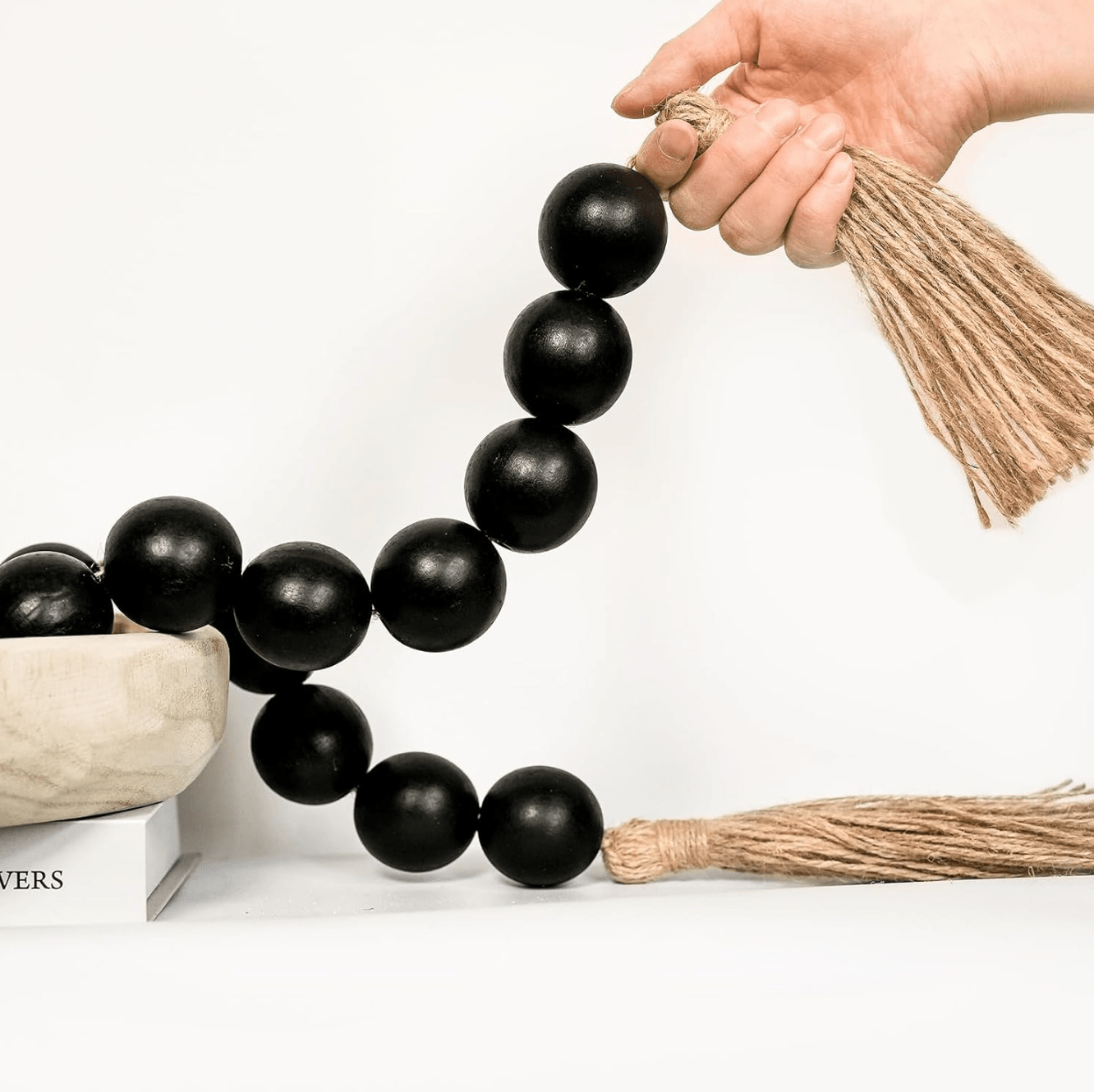 Extra Large Chunky Wood Bead Garland with Tassels - 41" Long Wooden Beads Garland for Boho, Farmhouse Home Decor - Nature Beige Black