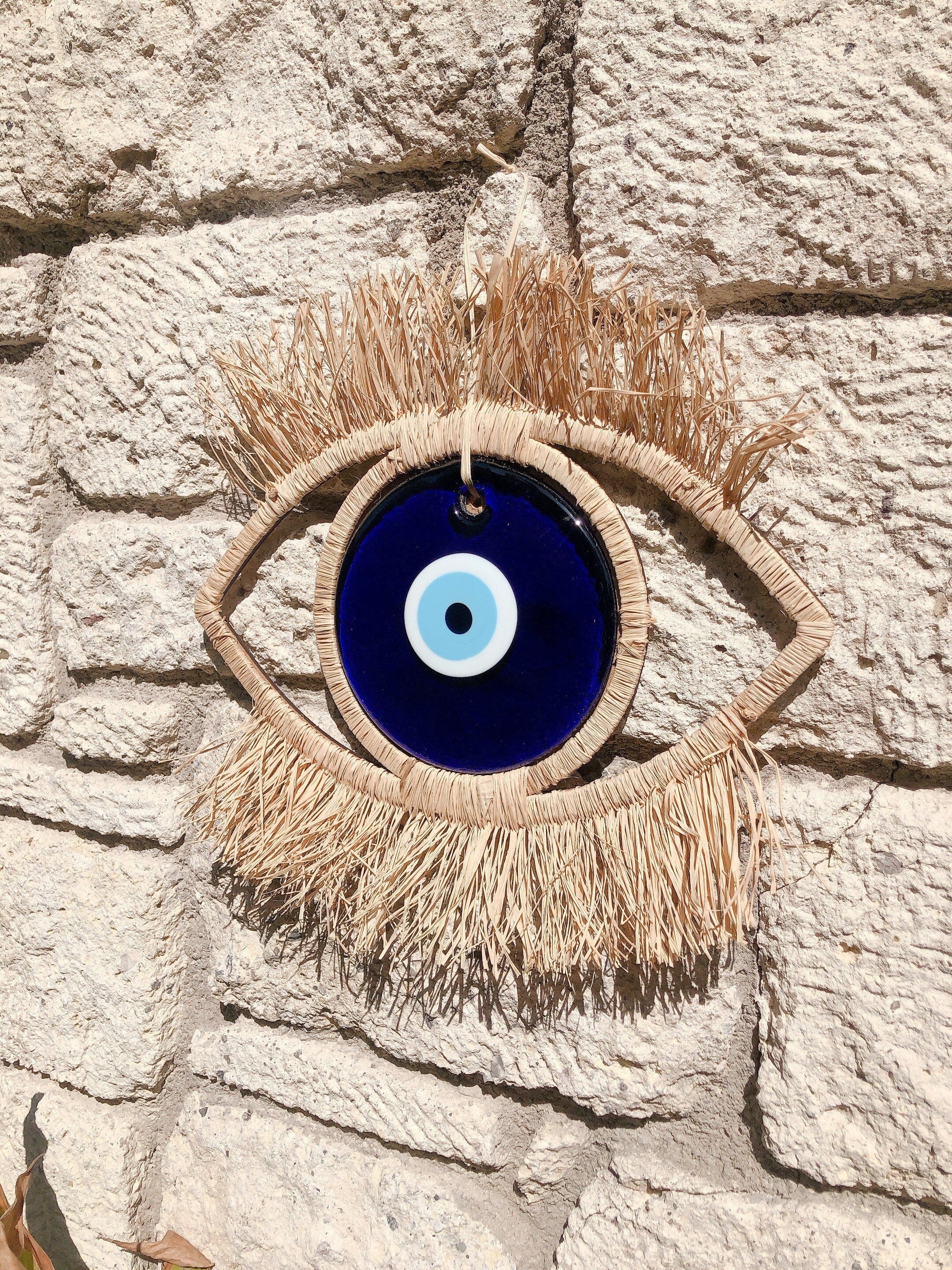 Eye-Shaped Bohemian Wall Decor with Glass Evil Eye and Raffia | Large Decorative Wall Hanging | Wooden Backing | Unique Boho Art