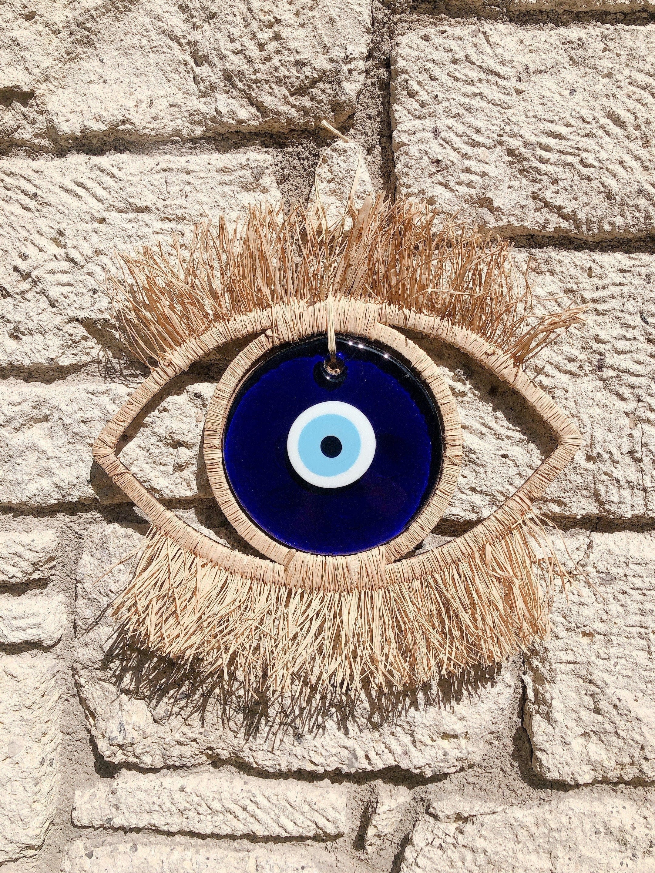 Eye-Shaped Bohemian Wall Decor with Glass Evil Eye and Raffia | Large Decorative Wall Hanging | Wooden Backing | Unique Boho Art