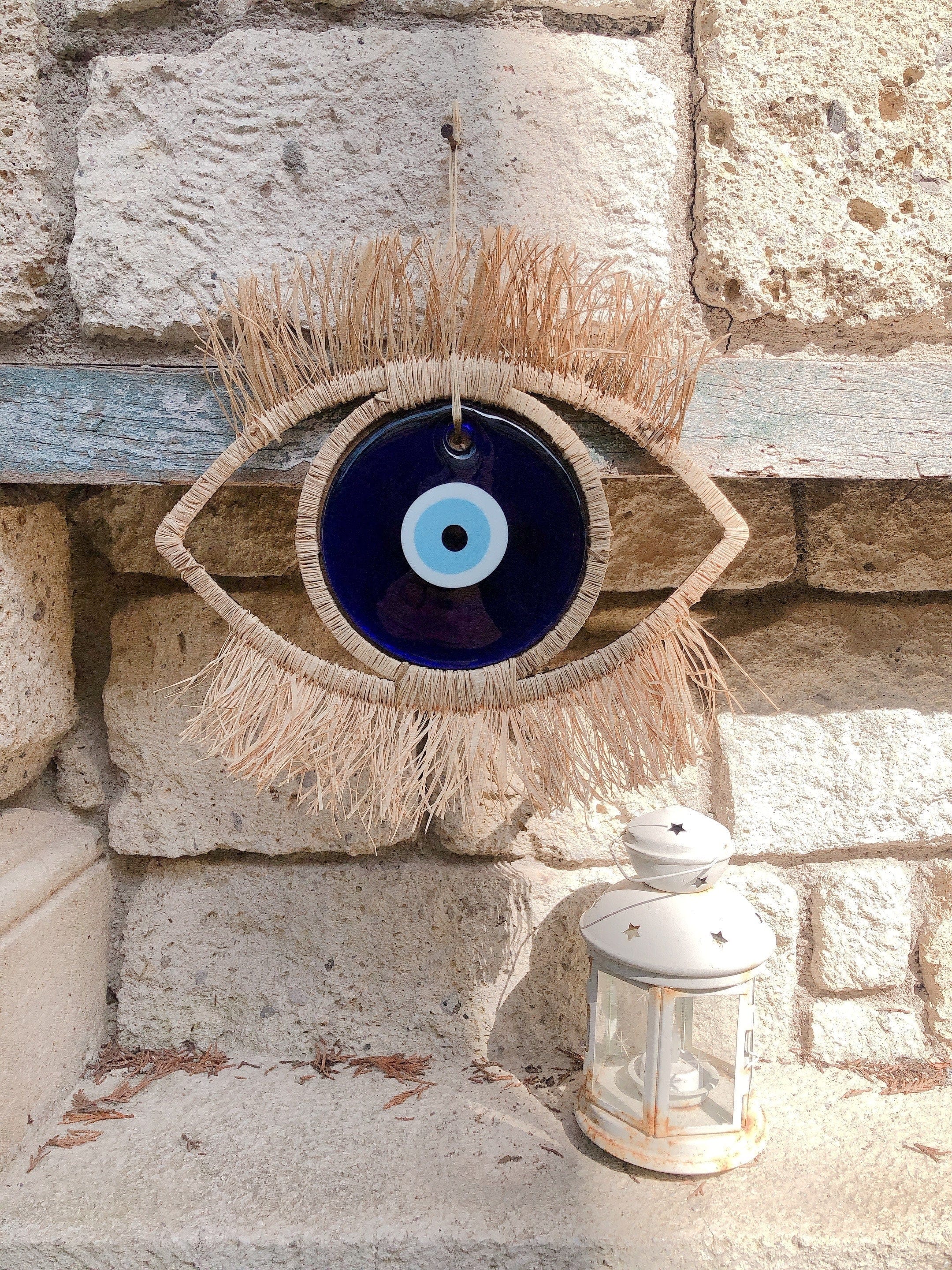 Eye-Shaped Bohemian Wall Decor with Glass Evil Eye and Raffia | Large Decorative Wall Hanging | Wooden Backing | Unique Boho Art