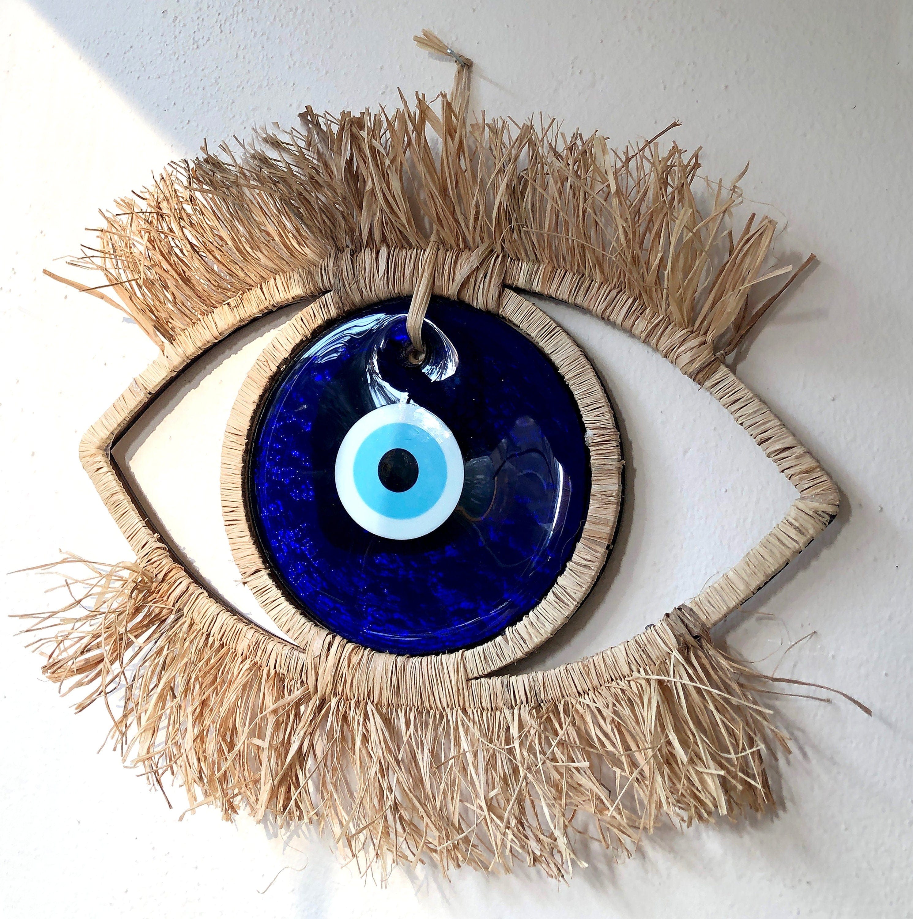 Eye-Shaped Bohemian Wall Decor with Glass Evil Eye and Raffia | Large Decorative Wall Hanging | Wooden Backing | Unique Boho Art